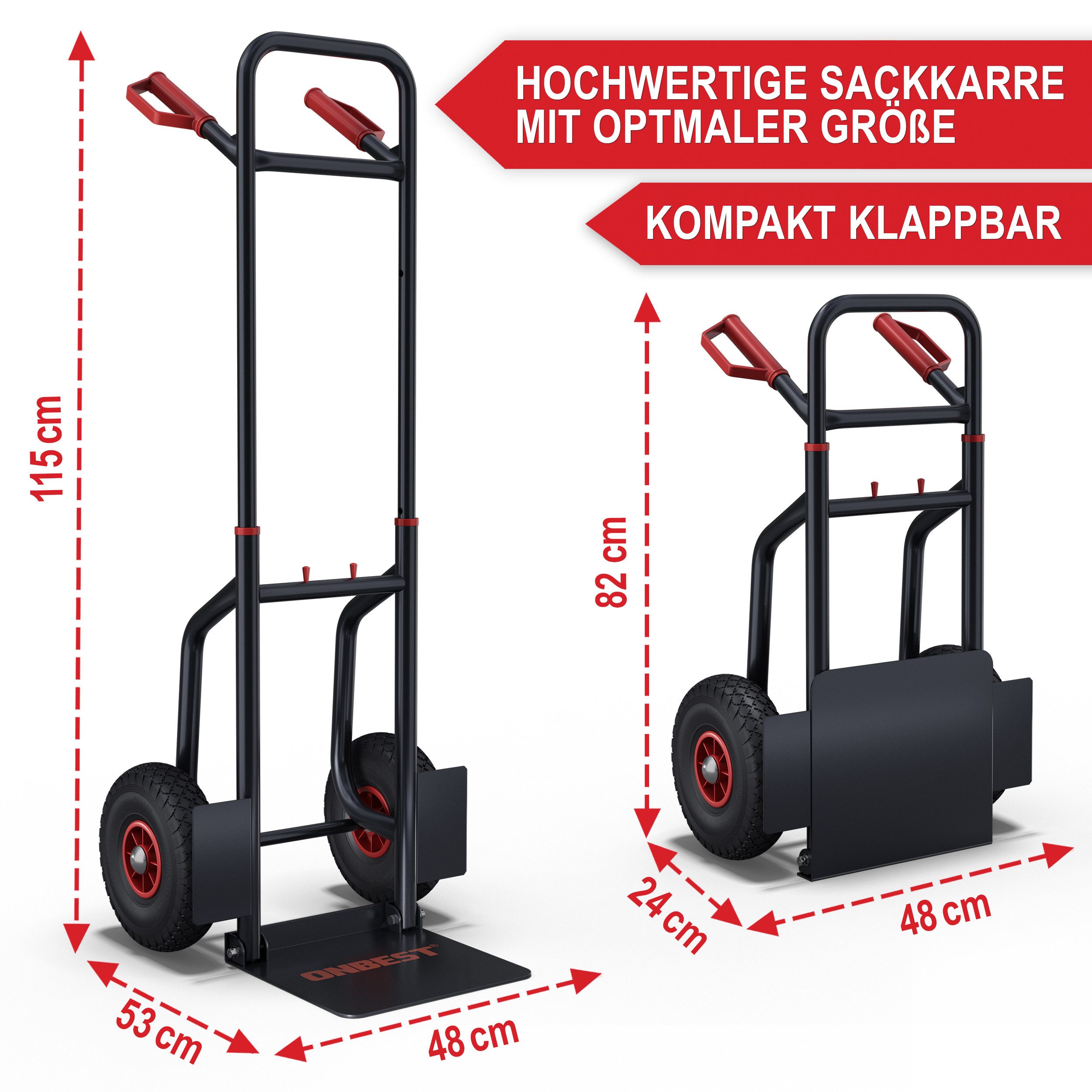 Onbest Sackkarre PREMIUM HT200 klappbar, 200 kg, lüftbefüllt, Stahlrahmen, 48x115x53 cm (BxHxT)