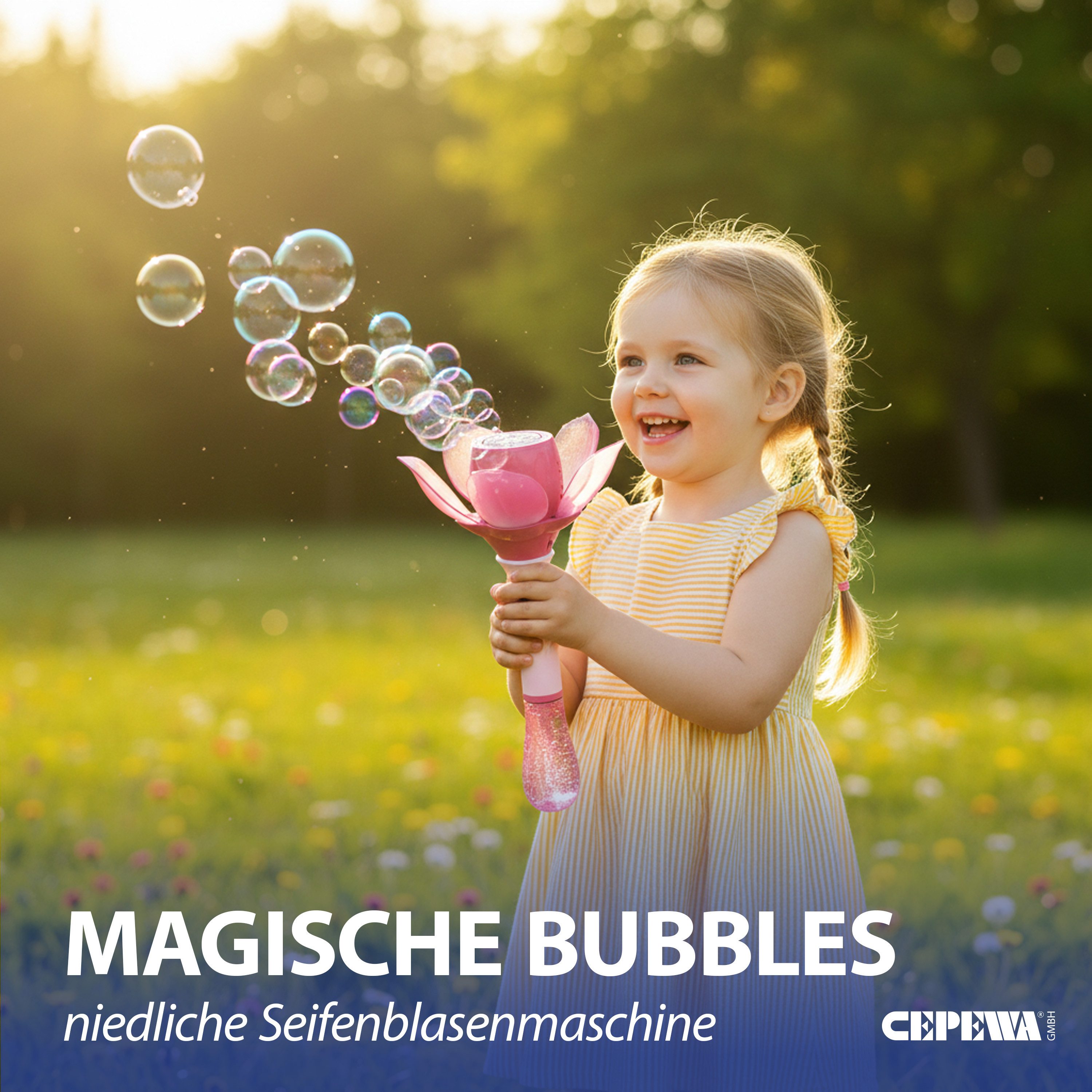 CEPEWA Seifenblasenstab Seifenblasen Lotusblume pink 10x33cm 115ml elektrisch Seifenblasenstab