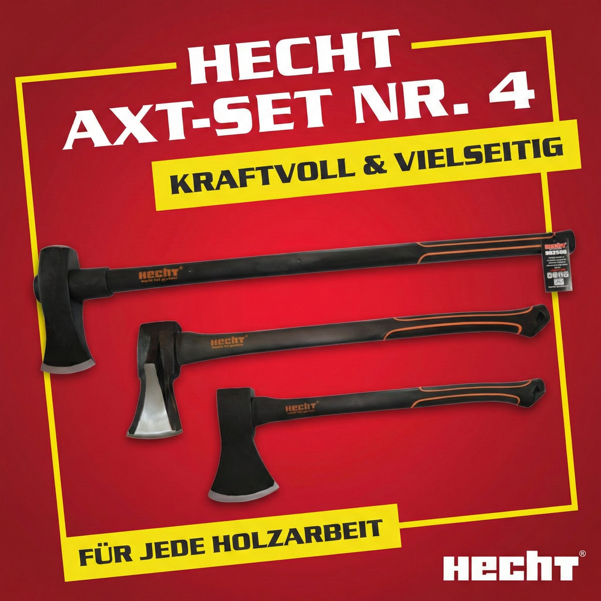 Hecht Axt 55cm Axt 63cm & 85cm Spaltaxt Set, (3-St), Fiberglaskern, mit Gummischutzlippe