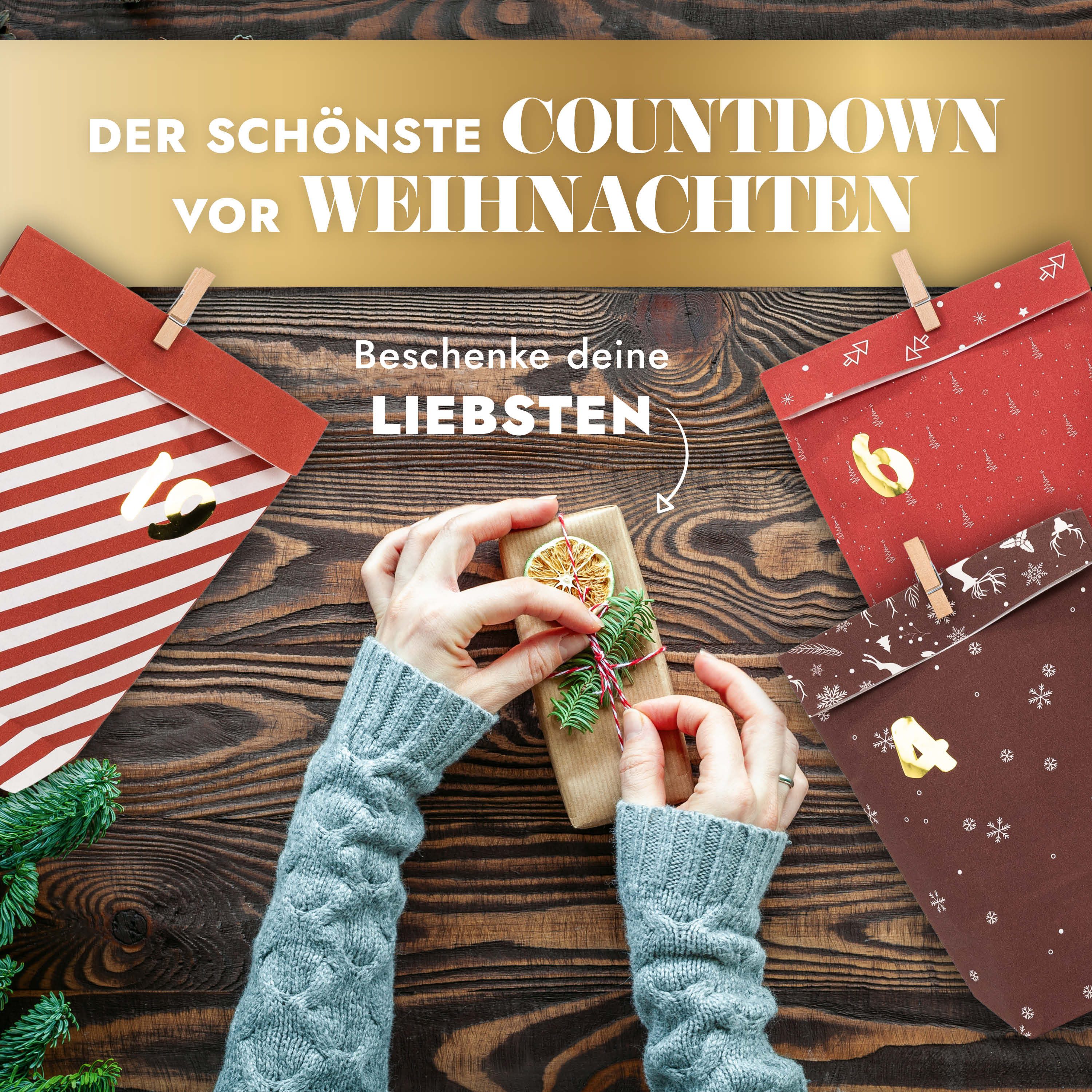 Amari befüllbarer Adventskalender Adventskalender zum Befüllen 2026, 24 Papiertüten 14×22 cm mit Zahlen (DIY Set, 72-tlg), Designs für Kinder & Erwachsene, wied – Bild 3 von 5