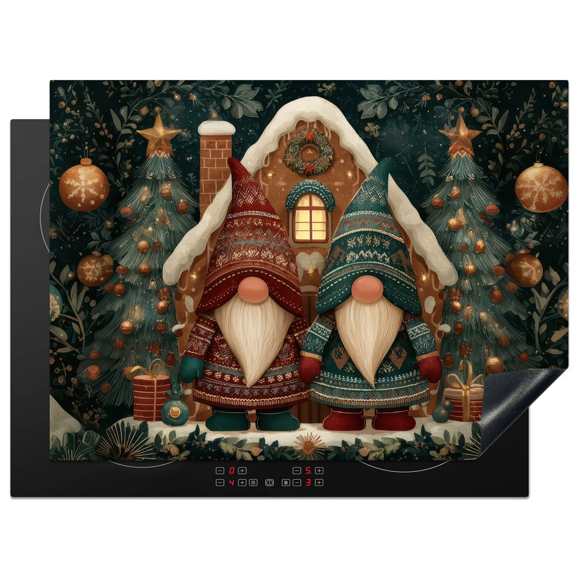 MuchoWow Herd-Abdeckplatte Weihnachten - Wichtel - Lebkuchenhaus - Rot - Grün, Vinyl, (1 tlg), Küche Herdabdeckung Ceranfeld Induktionsfeld Vinyl, 65x50 cm