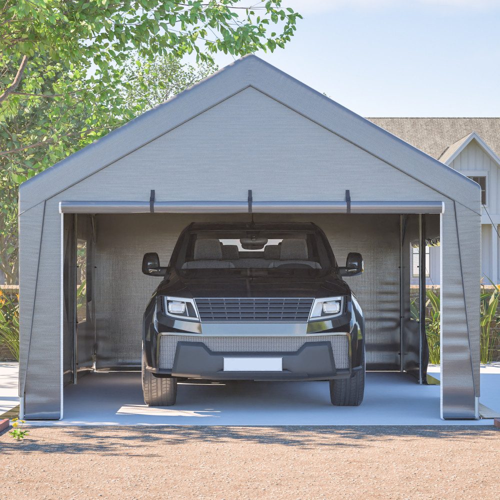 BBWL Einzelcarport mit verzinktem Stahlrahmen, UV-Schutz, Rolltoren und Fenstern, BxT: 396x611 cm, Allwetter Zeltgarage 6x4x3 m mit wasserdichter PE-Plane