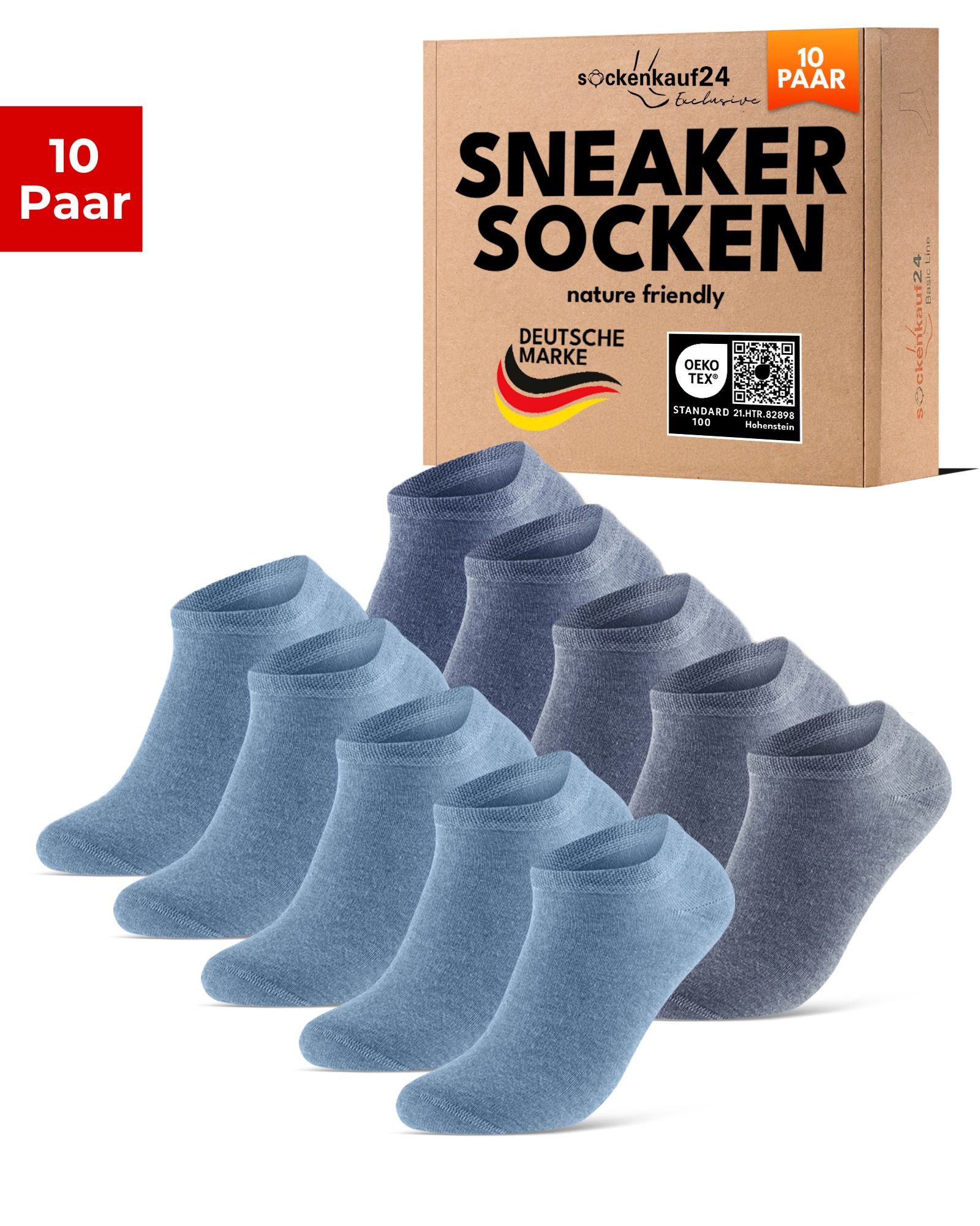 sockenkauf24 Sneakersocken Premium Sneaker Socken Herren & Damen mit Komfortbund ohne Gummidruck (Jeans, 10-Paar, 43-46) atmungsaktive gekämmte Baumwolle, ohne Naht, Exclusive Line