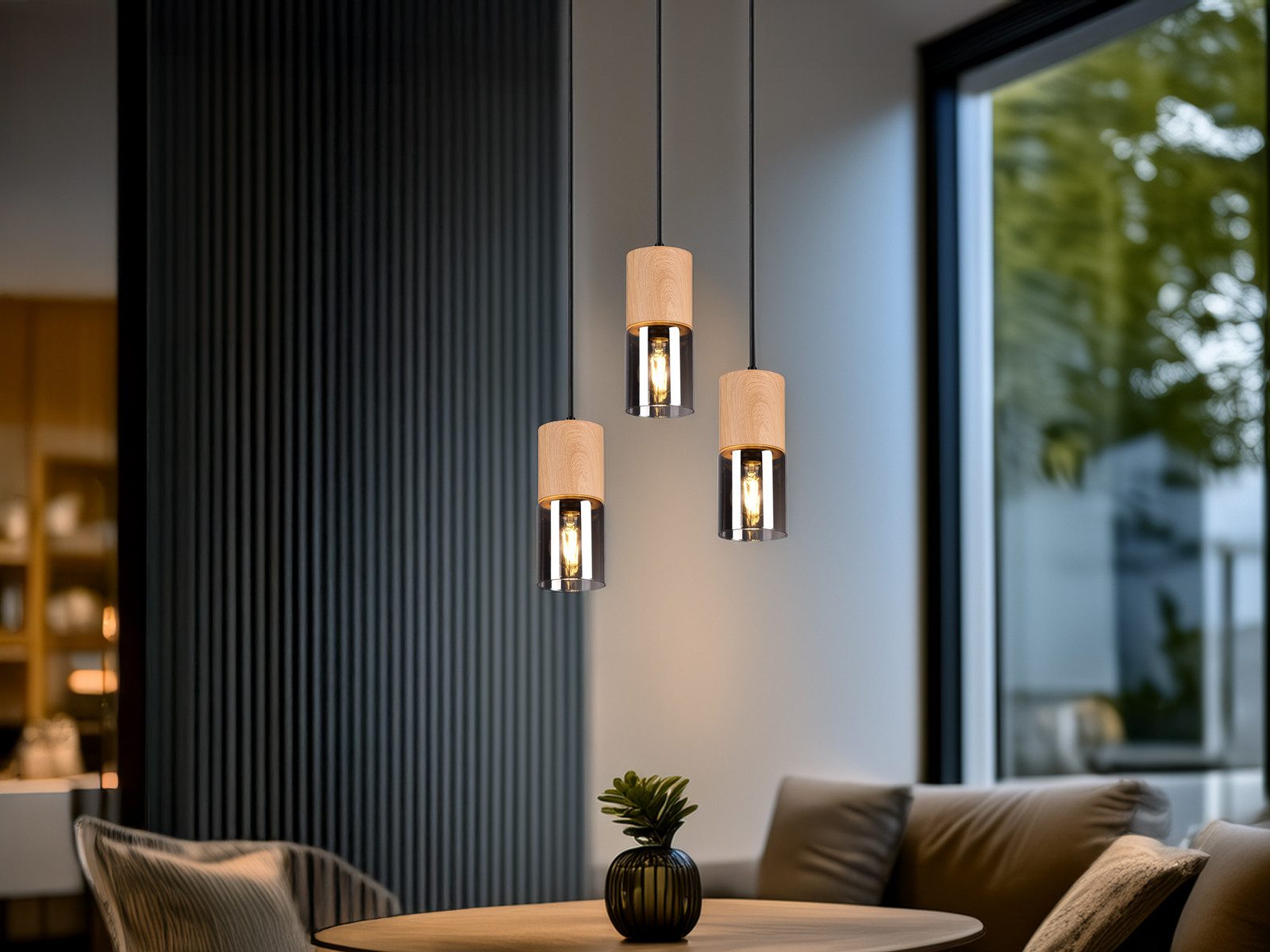 meineWunschleuchte Pendelleuchte mit Holz & Rauchglas Ø 37cm, ohne Leuchtmittel, moderne Cluster Esszimmerlampe mehrflammig, E27 Esstischlampe hängend – Bild 5 von 5