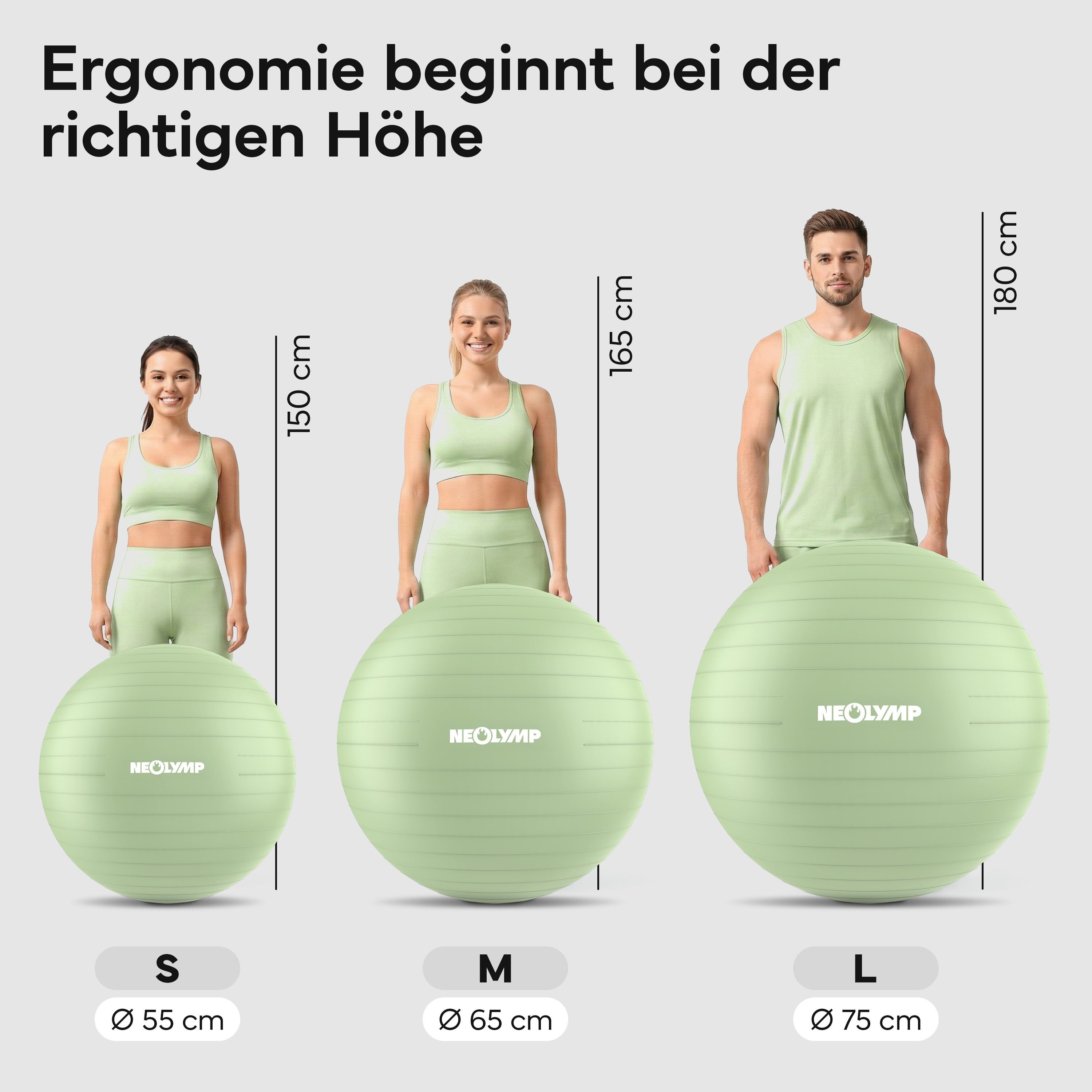 NEOLYMP Gymnastikball Sitzball Büro ergonomisch in 3 Größen S/M/L - bis 300 kg belastbar (Yoga Ball für Homeoffice, Core Training & Balance), Pilates Ball rutschfest & anti burst - Pezziball, Schwangerschaftsball