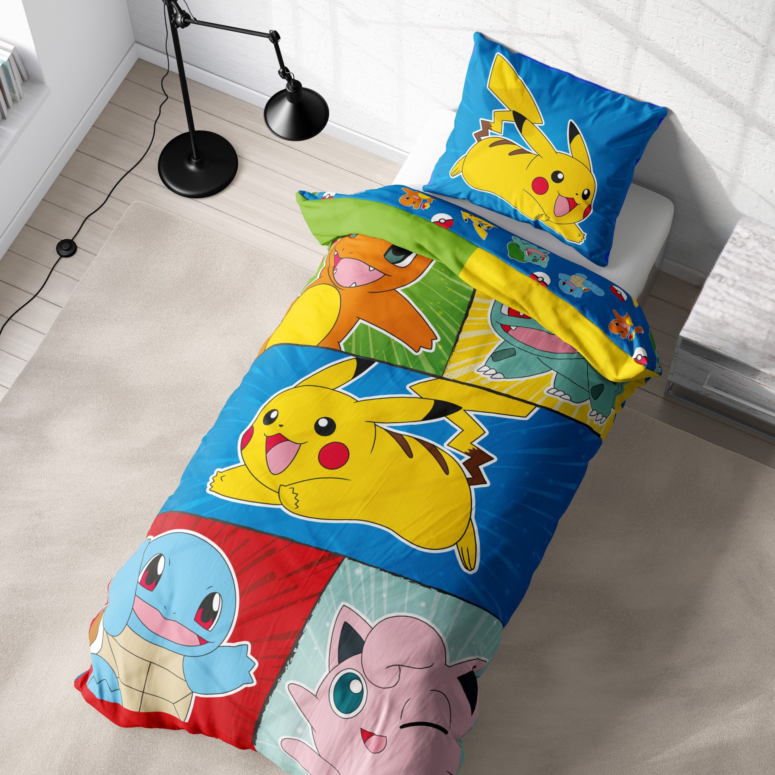 MTOnlinehandel Kinderbettwäsche Pokemon "Dream Team" weiche Microfaser, 135x200 cm + 80x80 cm, Microfaser, 2 teilig, Wendebettwäsche für Mädchen und Jungen, Gaming, Pikachu