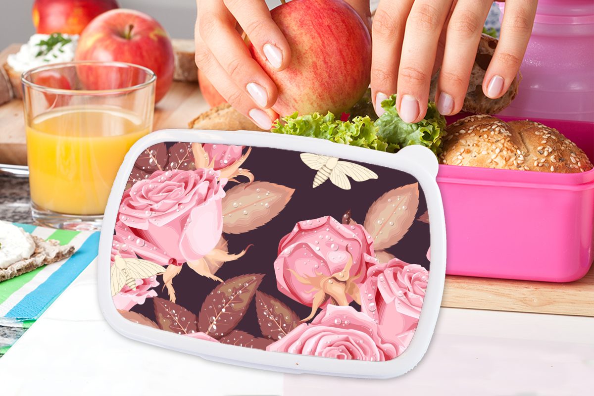 Rosa Kunststoff, Brotdose Kinder, Lunchbox für Kunststoff Weiß, (2-tlg), Erwachsene, - MuchoWow - Rosen - Brotbox Schmetterlinge Mädchen, Snackbox,