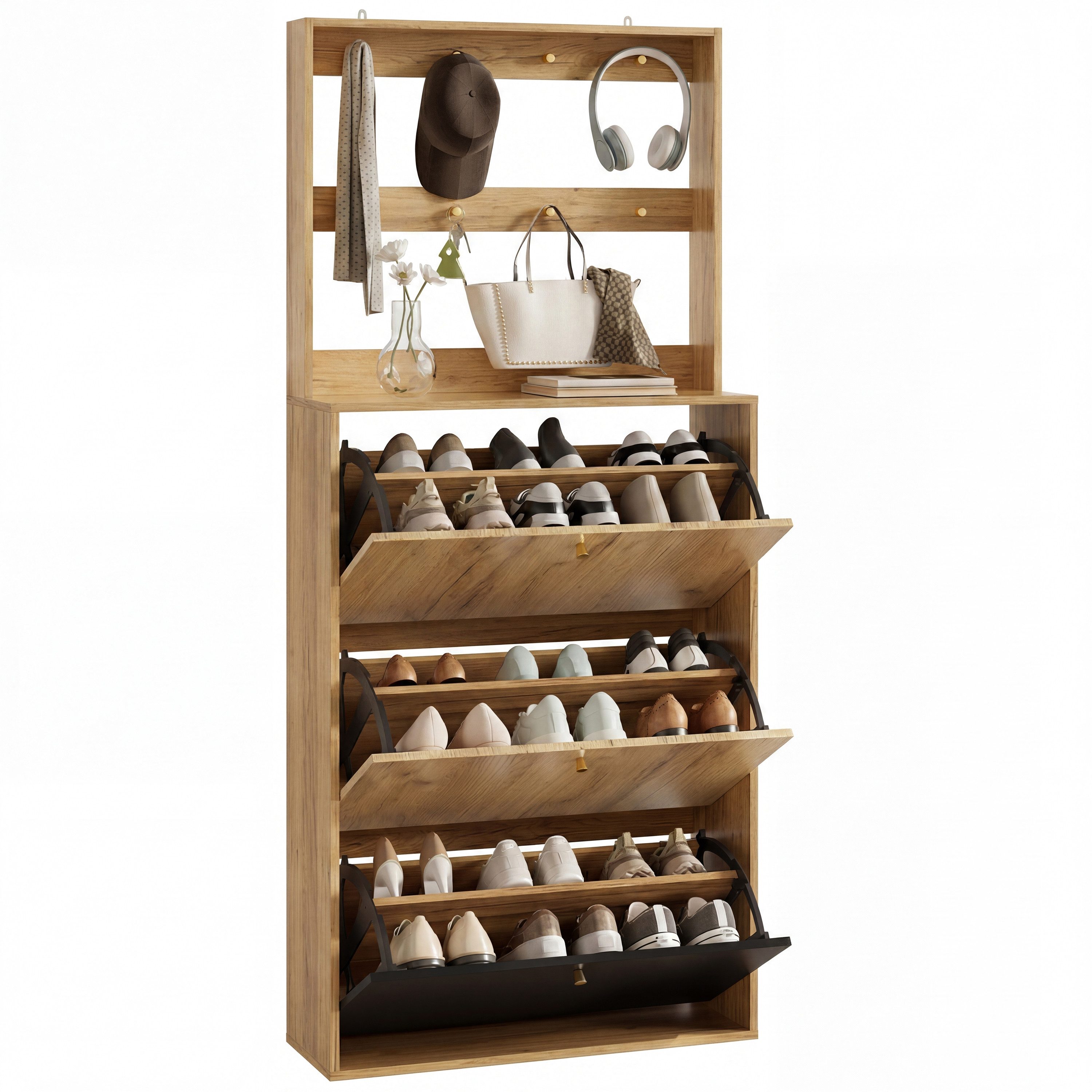 REDOM Schuhschrank mit Haken (3 klappbaren Aufbewahrungsfächern, geeignet für den Flur, 1-St., B75/D24/H180 cm)