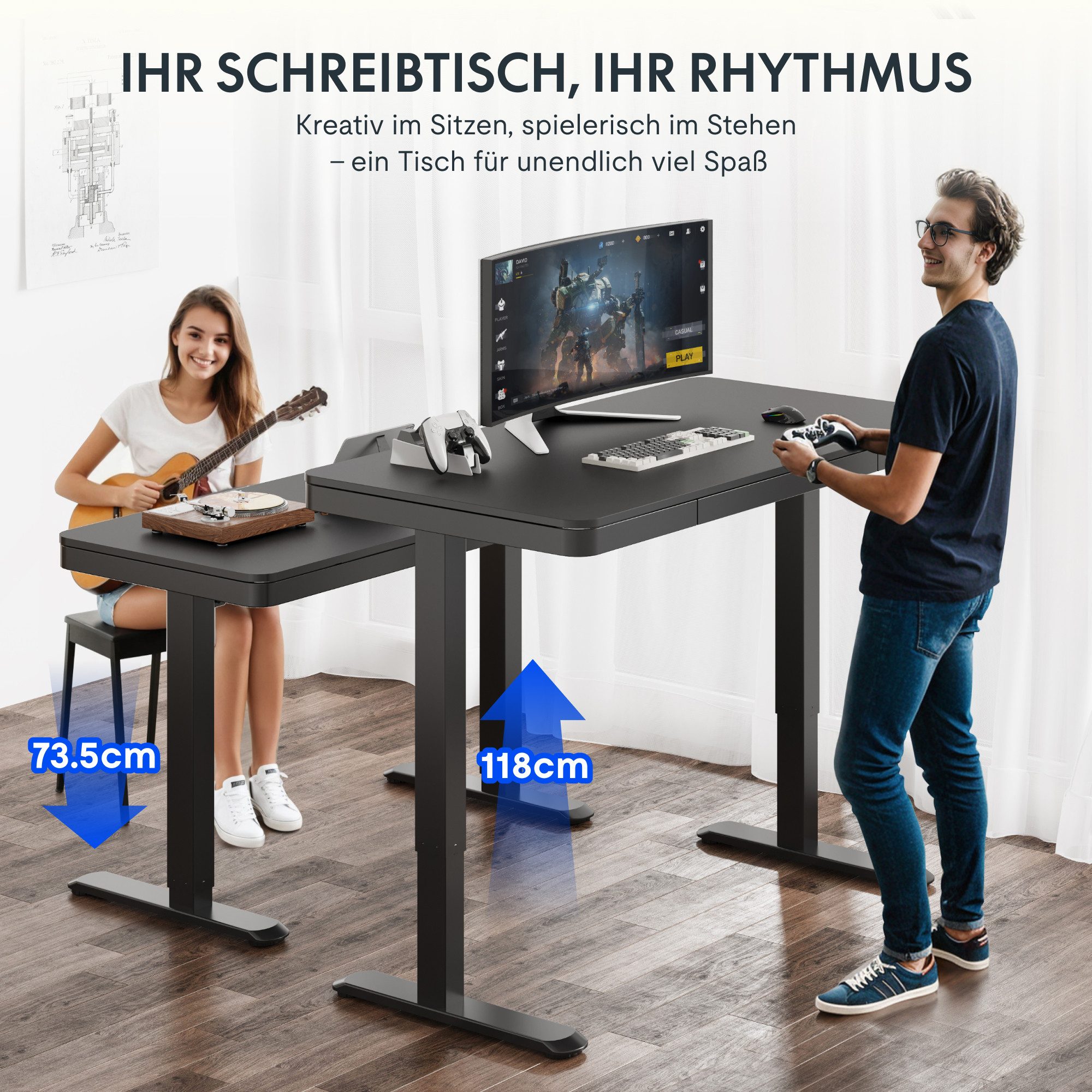 FLEXISPOT Schreibtisch Höhenverstellbarer Schreibtisch MIT Schubladen (mit LED-Höhenanzeige, 4 Speicherhöhen, Anti-Kollisionssystem, USB-C Anschluss), EINFACHE MONTAGE, leise & ergonomisch