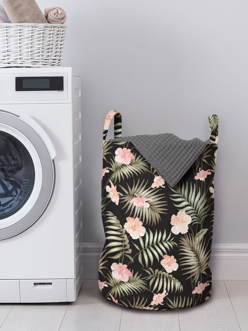 Abakuhaus Wäschesäckchen Wäschekorb mit auf für Blatt Palme Waschsalons, Kordelzugverschluss exotische Griffen Flora Tropical