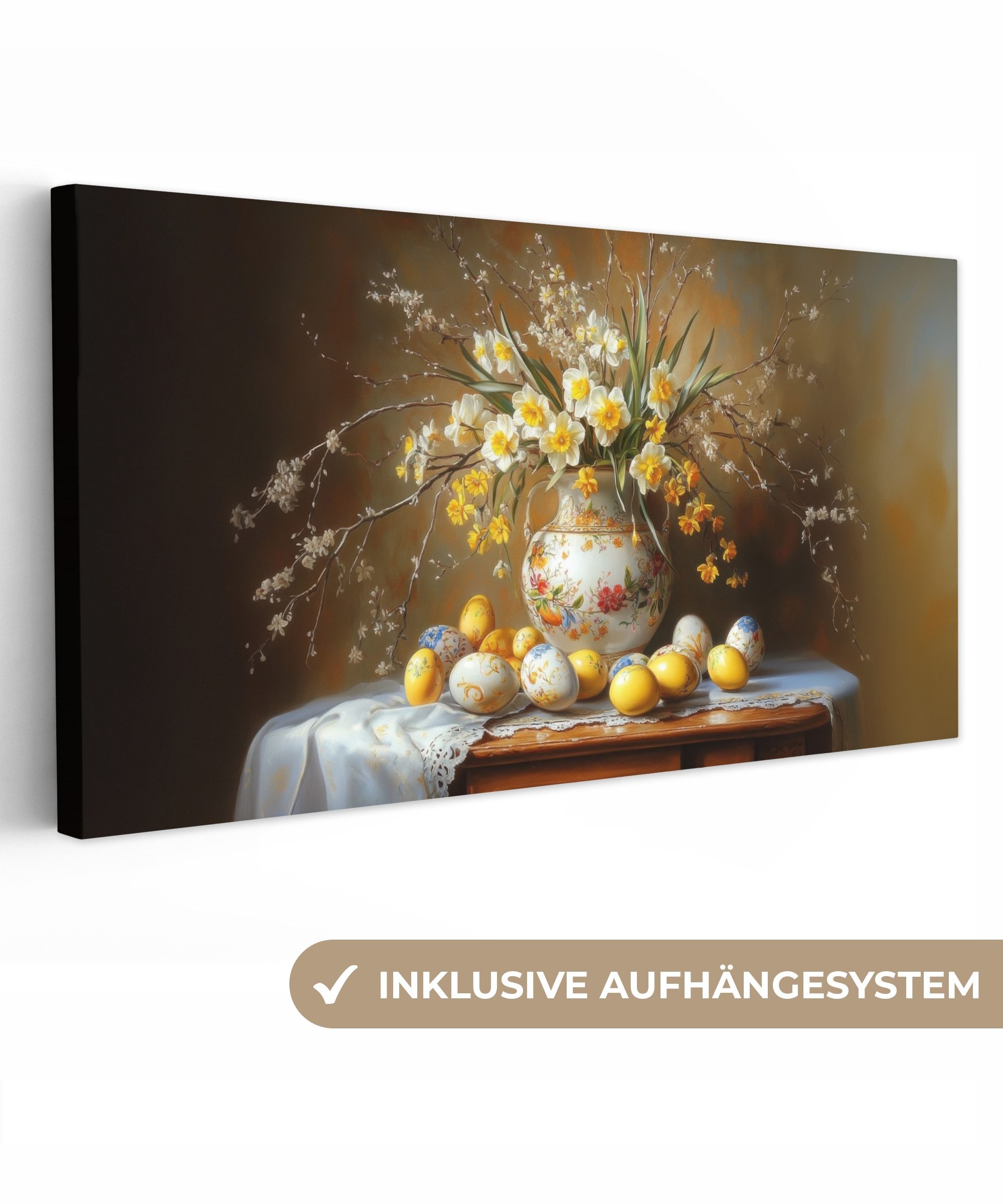 OneMillionCanvasses® Leinwandbild Panorama Ostereier - Stillleben - Vase - Ostern Deko, Fotodruck (1 St), Wandbild, Deko Schlafzimmer Wohnzimmer Flur 40x20 cm