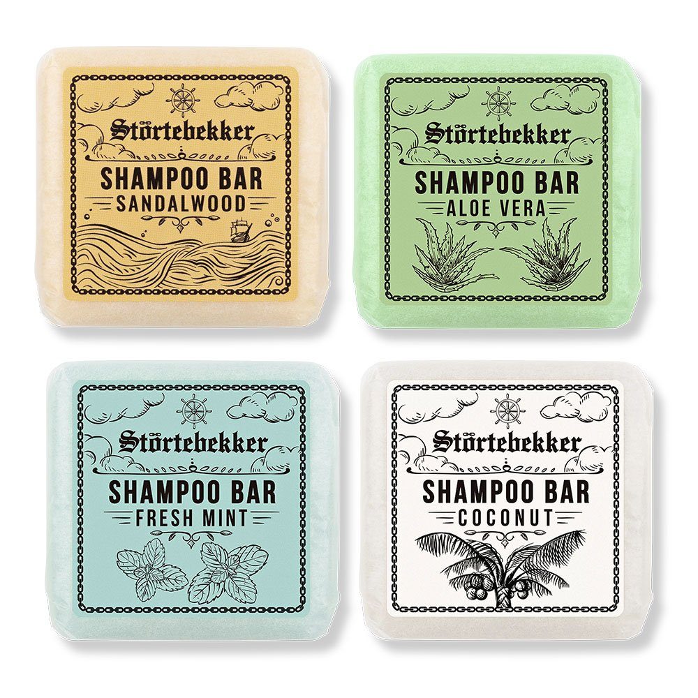 Störtebekker Festes Haarshampoo Probierset, 4 Düfte im Probierset: Sandelholz, Aloe Vera, Fresh Mint und Kokos, Vegane & Nachhaltige Reinigung für Körper und Haar