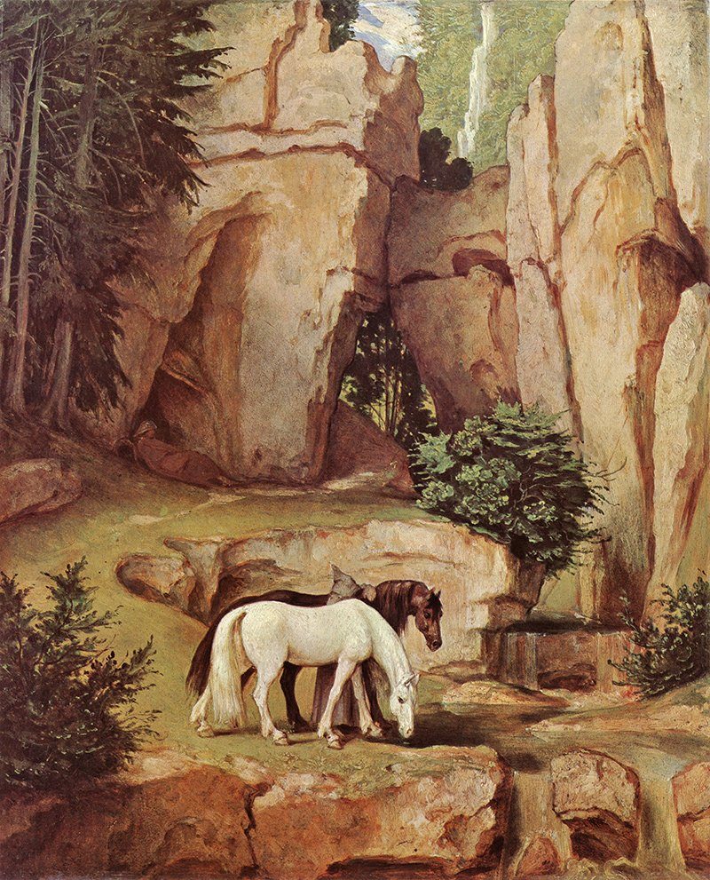 BillerAntik Kunstdruck Einsiedler führt Rosse zur Tränke Moritz von Schwind Pferd Fels H A3 0, (1 St)