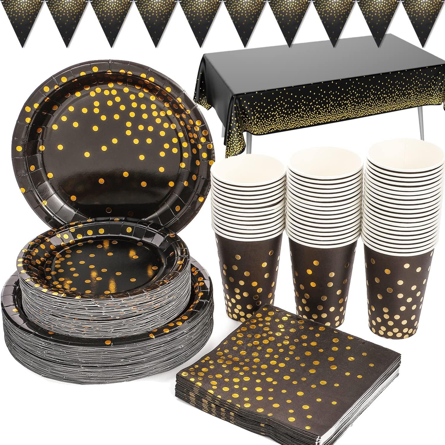 Cocktail-Set Party Deko Partygeschirr Schwarz Gold 99 Stück Teller Set Pappteller
