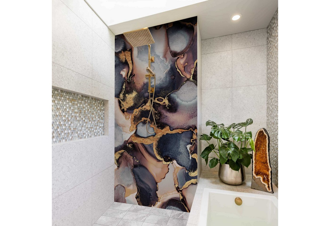 Thumbnail - Bilderdepot24 Badrückwand Marmor gold Duschrückwand ohne Bohren Dusche Aquarell, (Hartfolie matt » Selbstklebend PREMIUM...