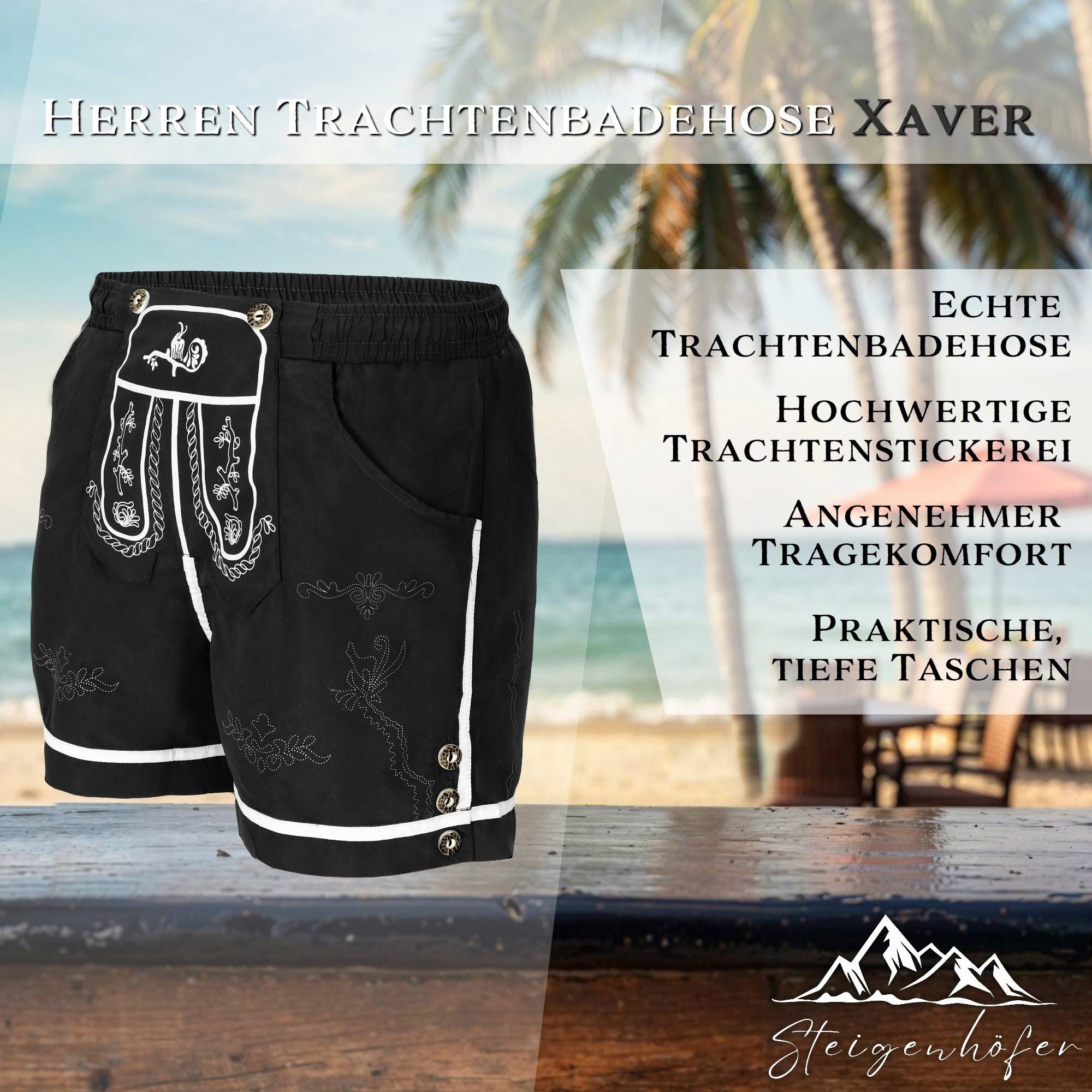 Steigenhöfer Manufaktur Trachtenhose Badehose Herren - Xaver - Lederhosen Look - Trachten Badehose Bequem mit Netzinnenhose - Umklappbarer Latz - Badeshorts mit Taschen