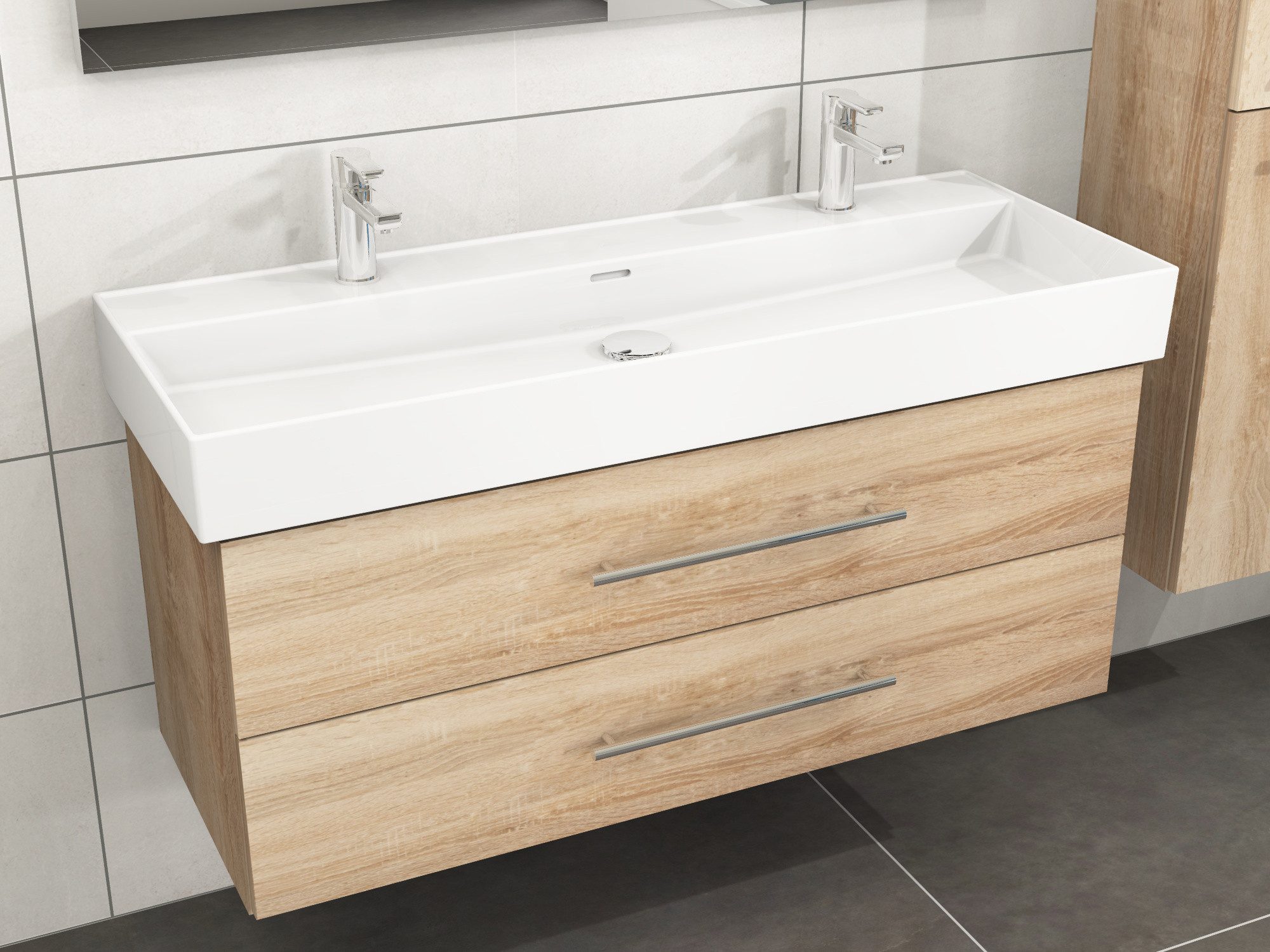 Aqua Bagno Badmöbel-Set Aqua Bagno Flex Badmöbel 120cm Eiche Gold mit Keramikwaschbecken, (vormontiert, 2-St., Badmöbelschrank, Keramikwaschbecken)