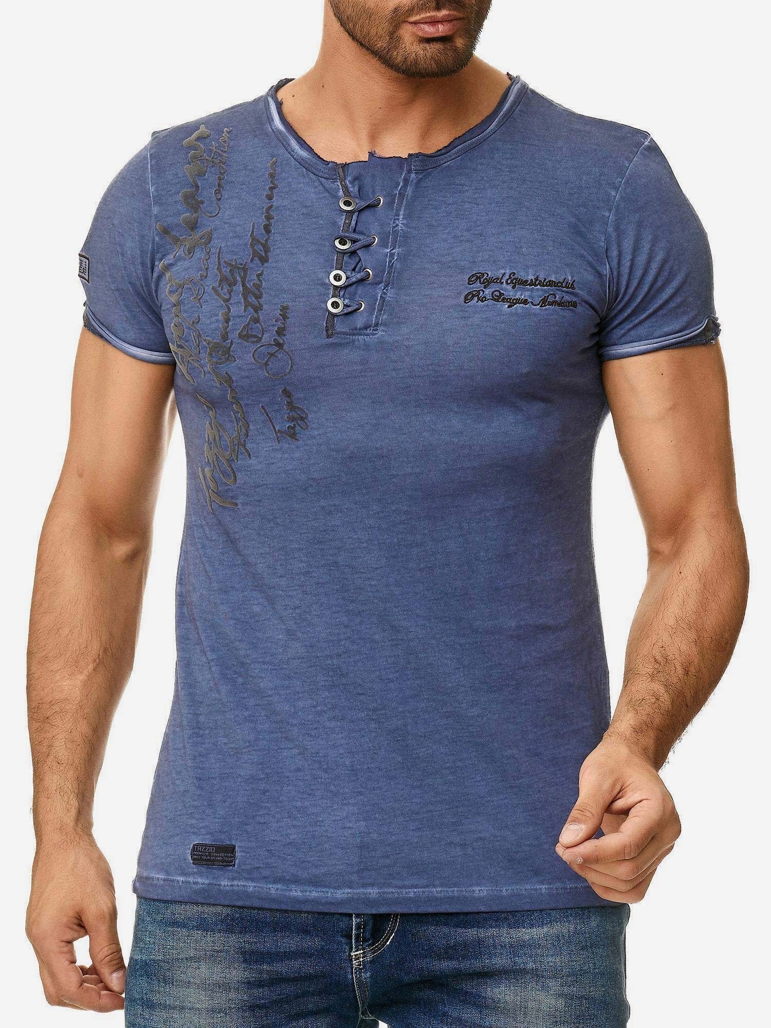 Tazzio T-Shirt 4050-1 Rundhalsshirt in Used offenem Look Kragen Ölwaschung dezentem mit navy und