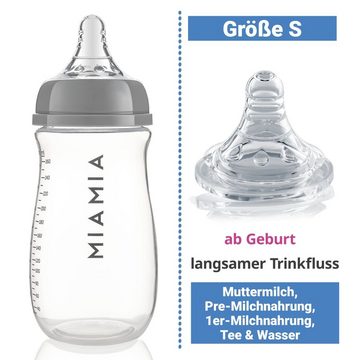 MiaMia Babyflasche PP-Flasche - Grau, 4er Pack Babyflasche 140 ml & 260ml + Silikon-Trinksauger Größe S