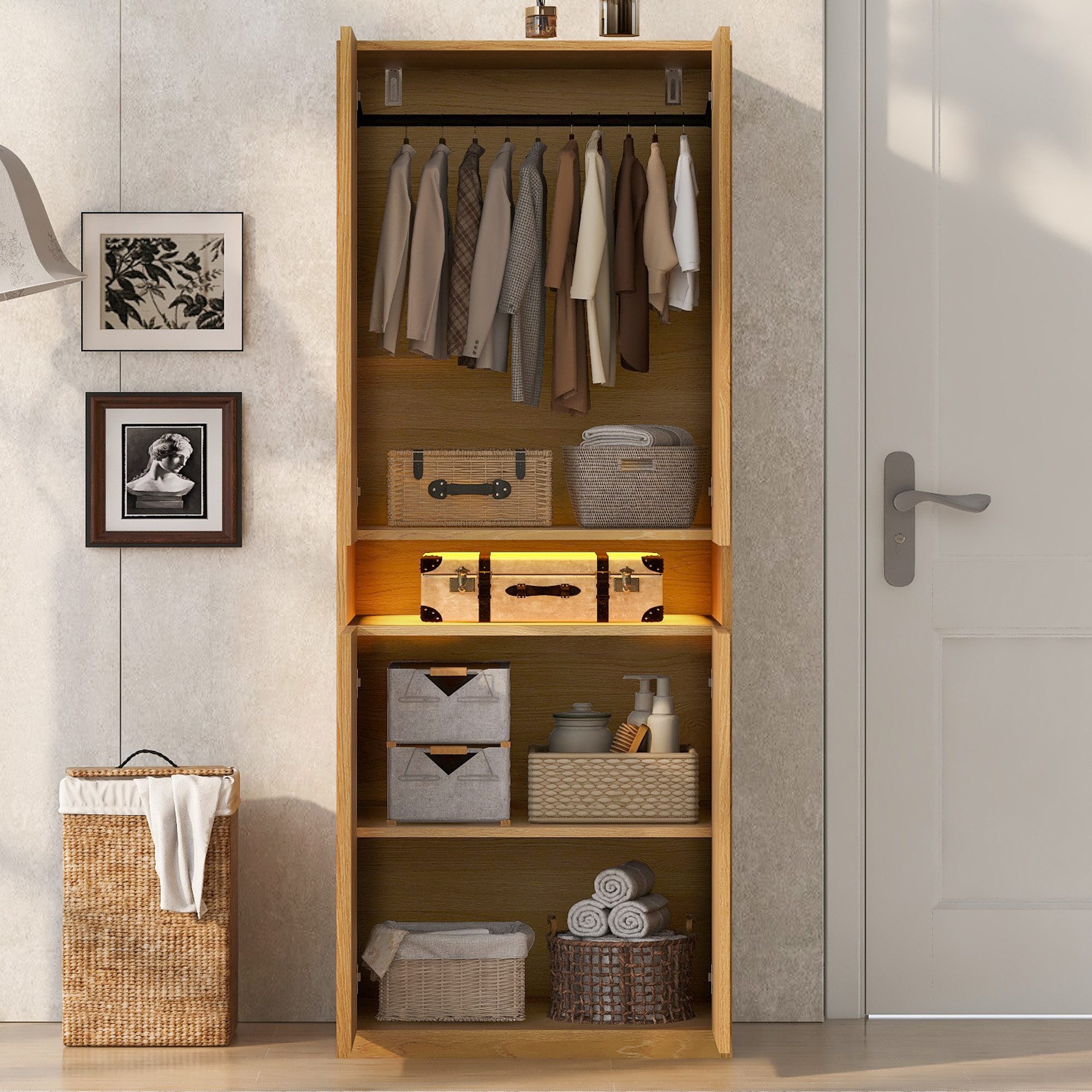 i@home Kleiderschrank Einzelkleiderschrank,Garderobenschrank,Schlafzimmerschrank,70x55x180cm mit LED Beleuchtetem Fach,Grossem Stauraum,und Kleiderstange,Holzfarbe