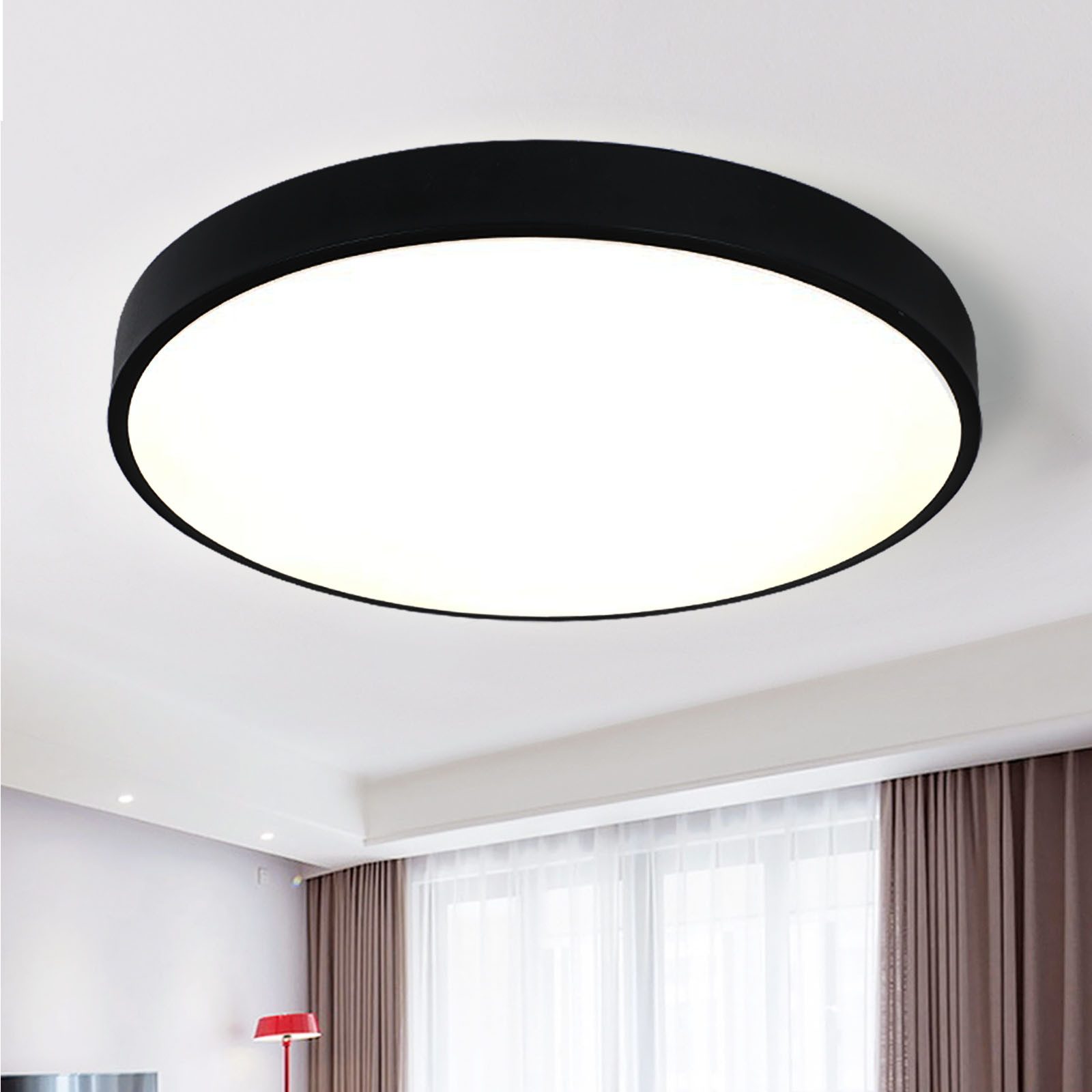 style home LED Deckenleuchte Modern Deckenlampe für Wohnzimmer Schlafzimmer, 48W-Warmweiß 3000K, LED fest integriert, Warmweiß 3000K ohne Fernbedienung, Runde Flach Lampe aus Metall, 48W, Ø50*4cm, Schwarz
