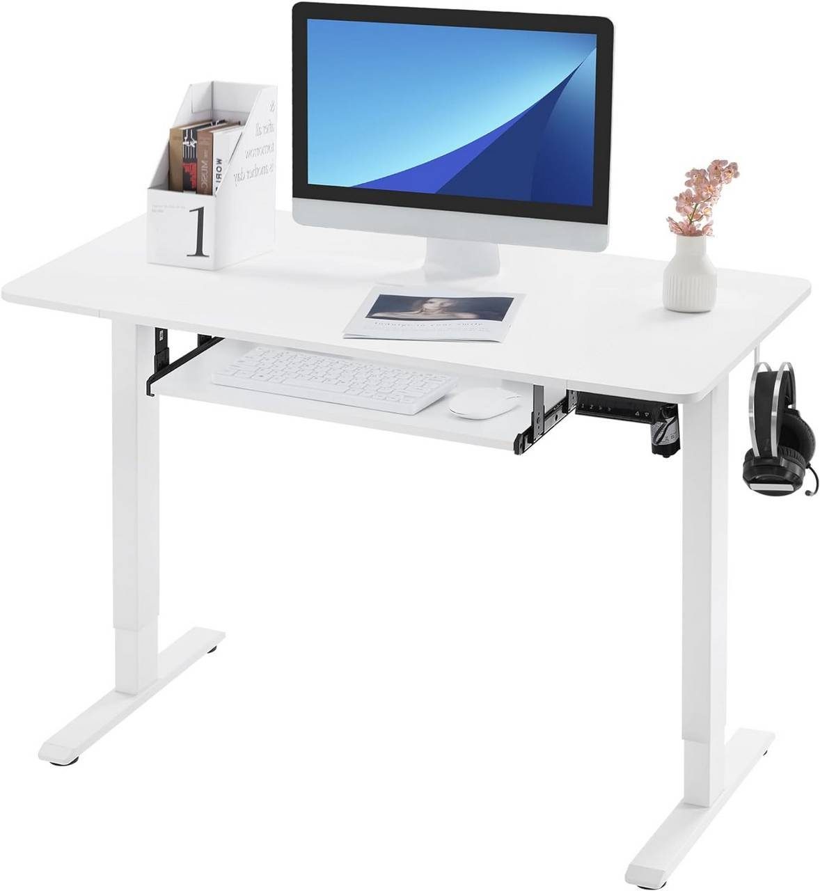 Woltu Schreibtisch Höhenverstellbar (1-St), Memory-Funktion, Tastaturauszug weiß