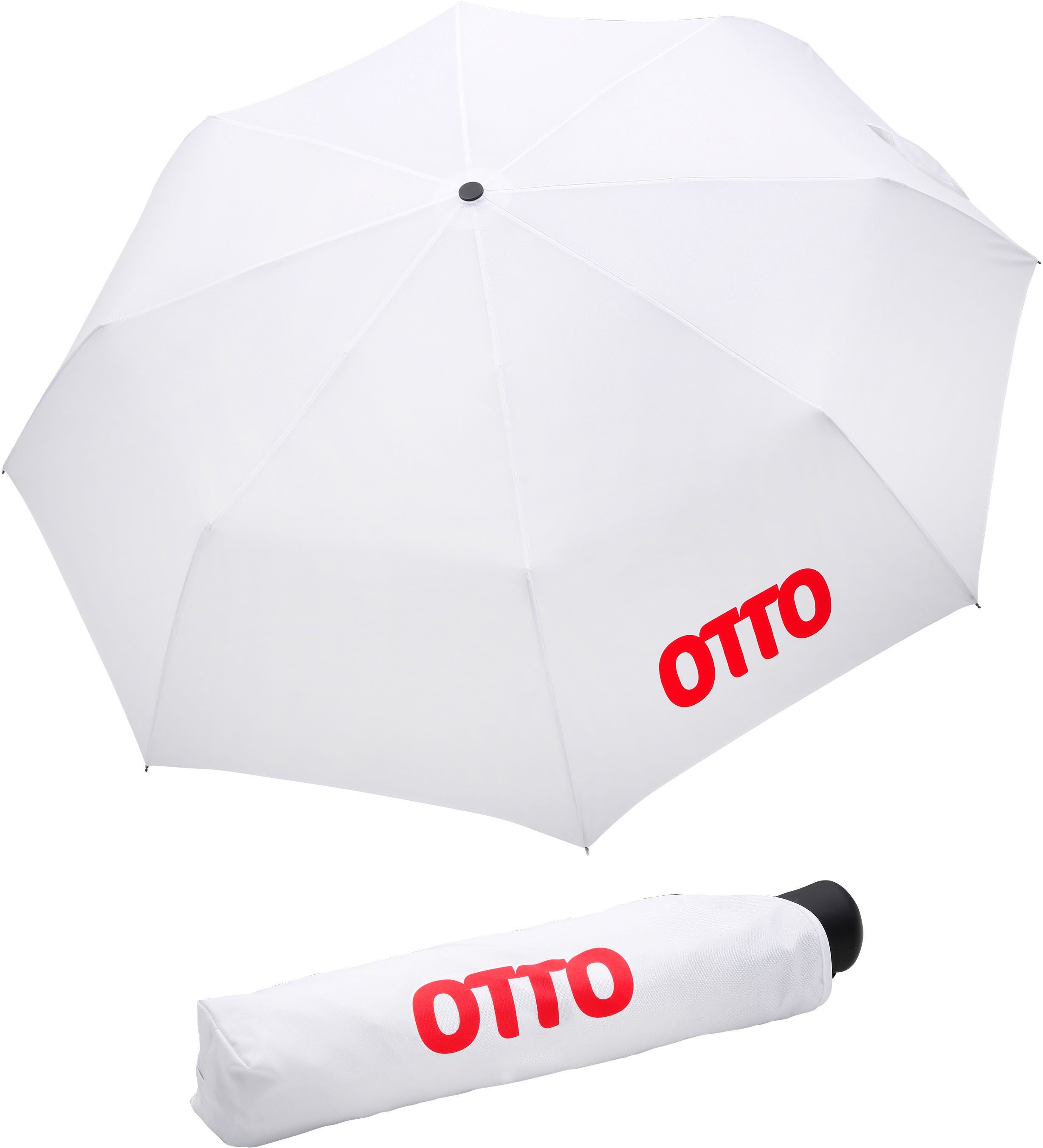 EuroSCHIRM® Taschenregenschirm , weiß, mit rotem Schriftzug; Automatik | Taschenschirme