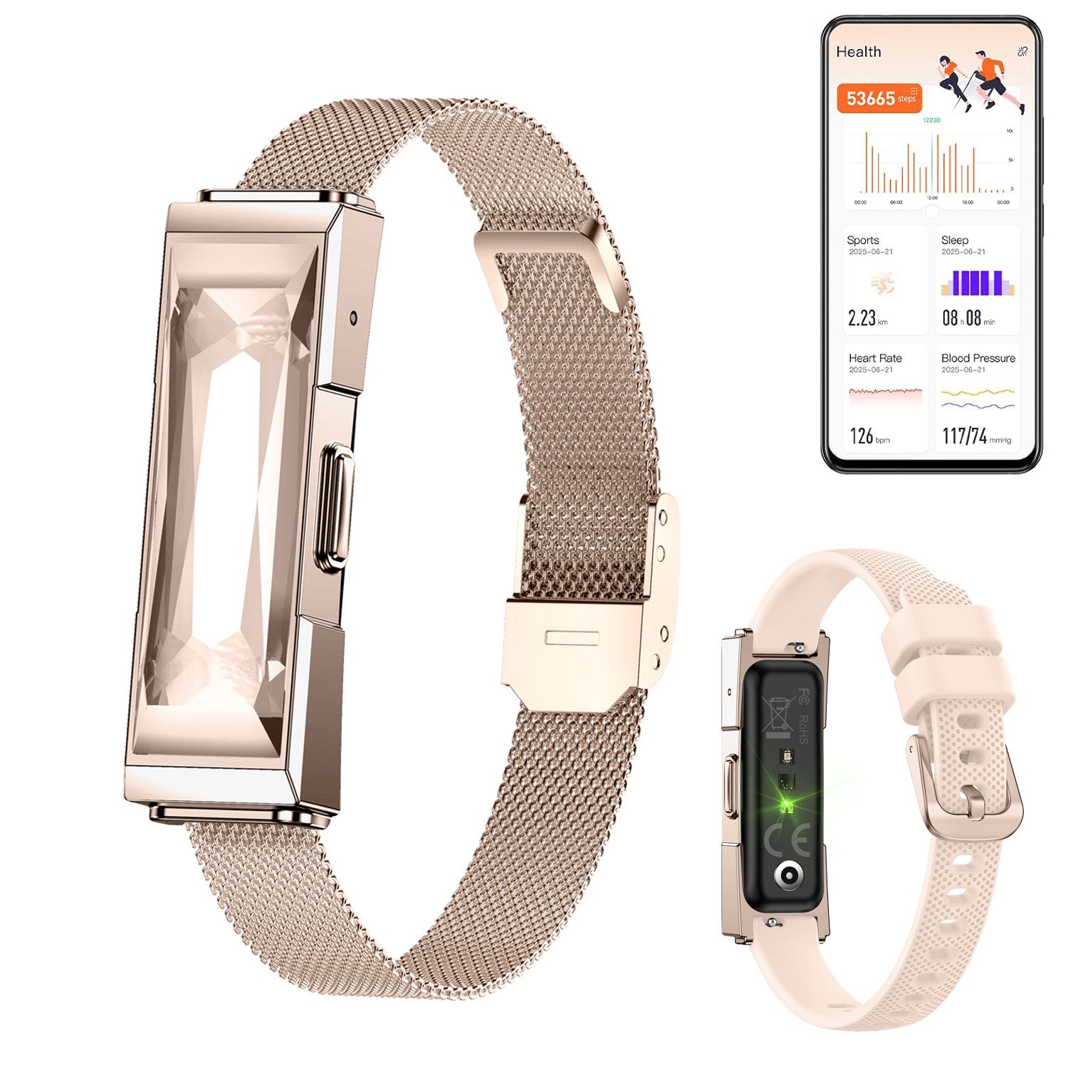 ANYSUN Fitness Tracker Uhr für Damen Herren,Smart Armband Smartwatch (47 cm) Smart-Armband,Schrittzähler/Blutsauerstoff/HRV/Schlaf-Tracker, Modisches Edelstein-Armband mit Nachrichten-/Anruferinnerung