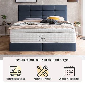 BettCo Boxspringbett Kansas (in Marine Webstoff, 140 x 200 cm), Kachel-Design + optionaler Topper, Gleiterfüße