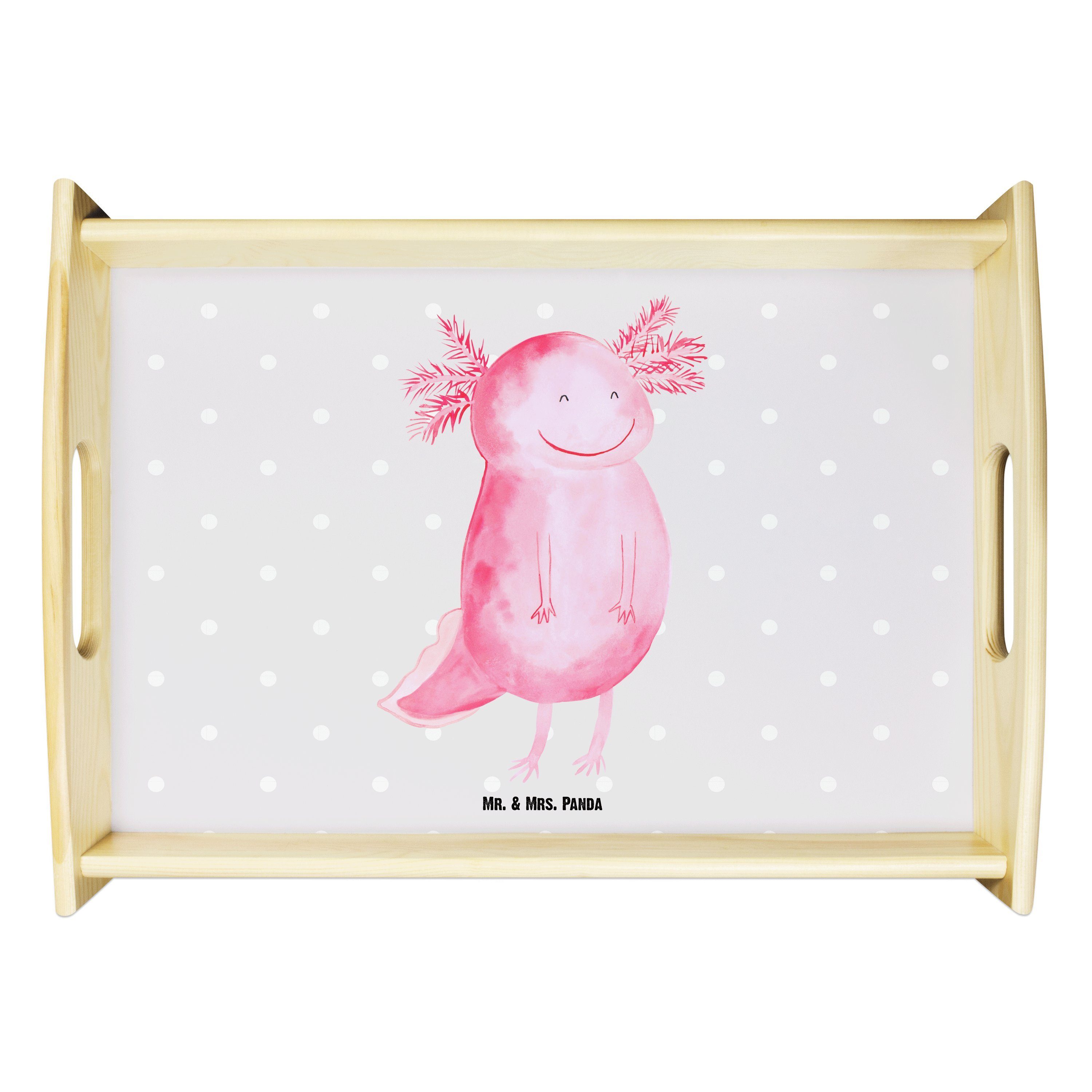 Mr. & Mrs. Panda Tablett Axolotl glücklich - Grau Pastell - Geschenk, Küchentablett, Holztable, Echtholz lasiert, (1-tlg)