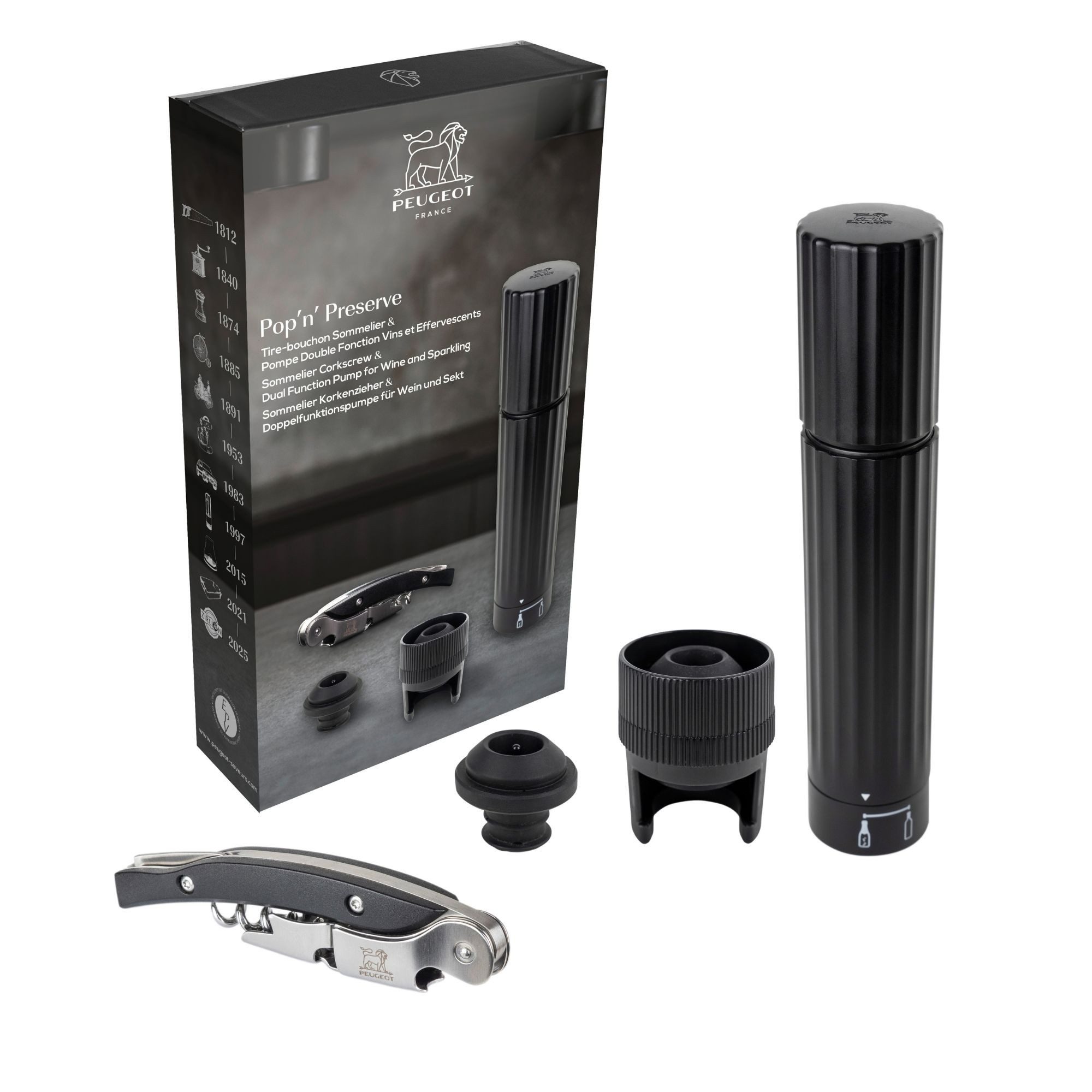PEUGEOT Sommelier-Set Geschenkset POP'N'PRESERVE Korkenzieher Vakuumpumpe Für Wein Sekt