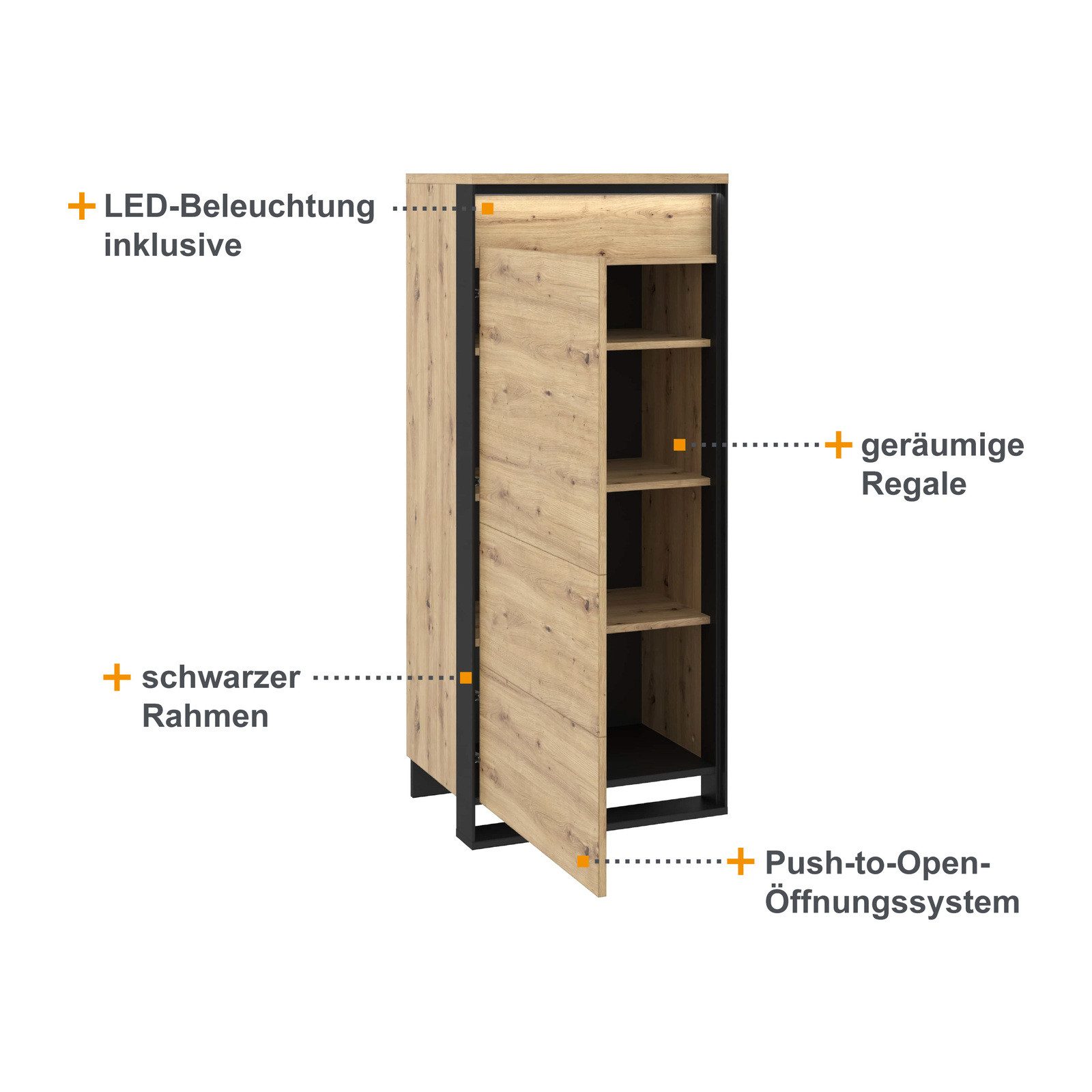 HAUSELEMENT Hochkommode QUANT QA-07, mit LED-Beleuchtung Mehrzweckschrank Kommode Loft