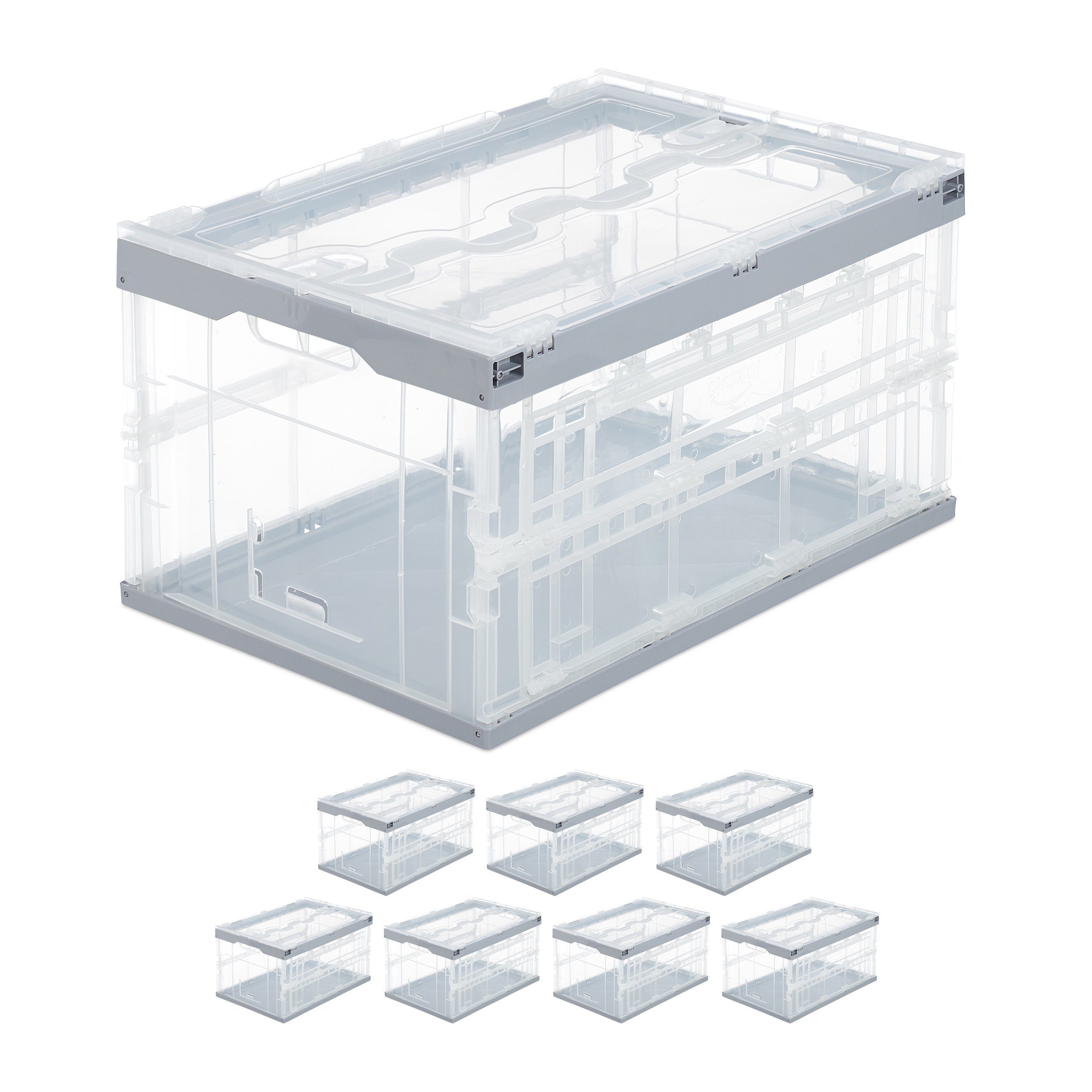 relaxdays Klappbox 8 x Transparente Transportbox mit Deckel