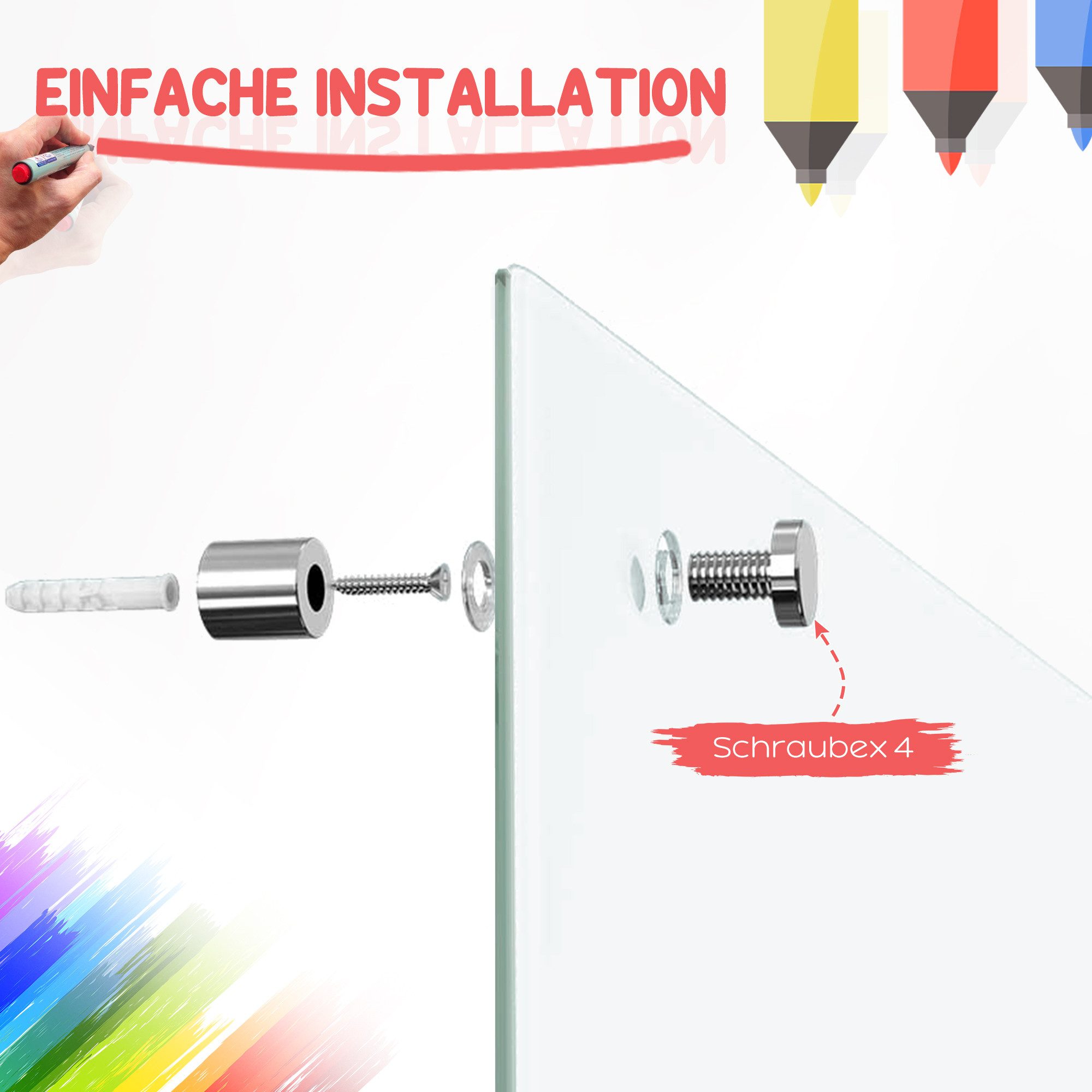 FANNOU Magnettafel Whiteboard Magnettafel, 90x60cm, Staffelei Glastafel für Wandmontage, mit 4 Stiften 6 Magneten 1 Schwamm und Ablage