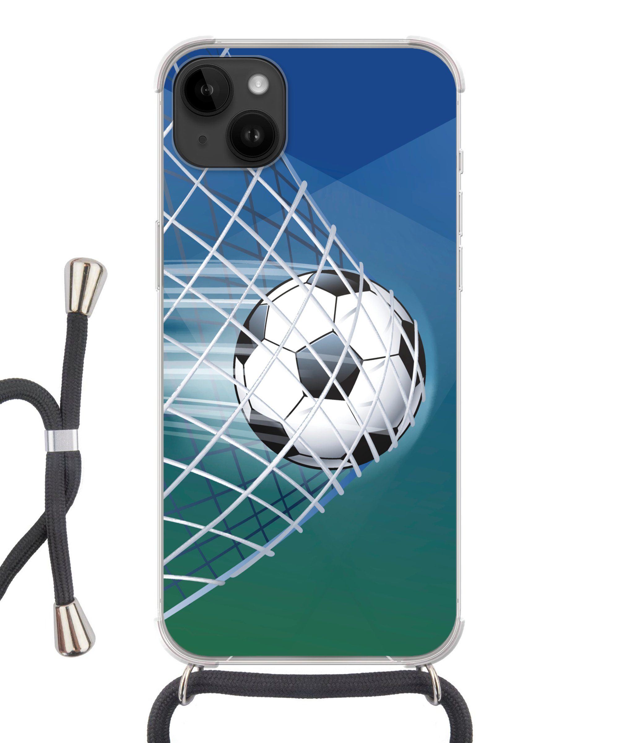 MuchoWow Handyhülle Eine Illustration eines Fußballs im Netz - Jungen - Mädchen - Kinder, Handyhülle Telefonhülle Apple iPhone 14 Plus