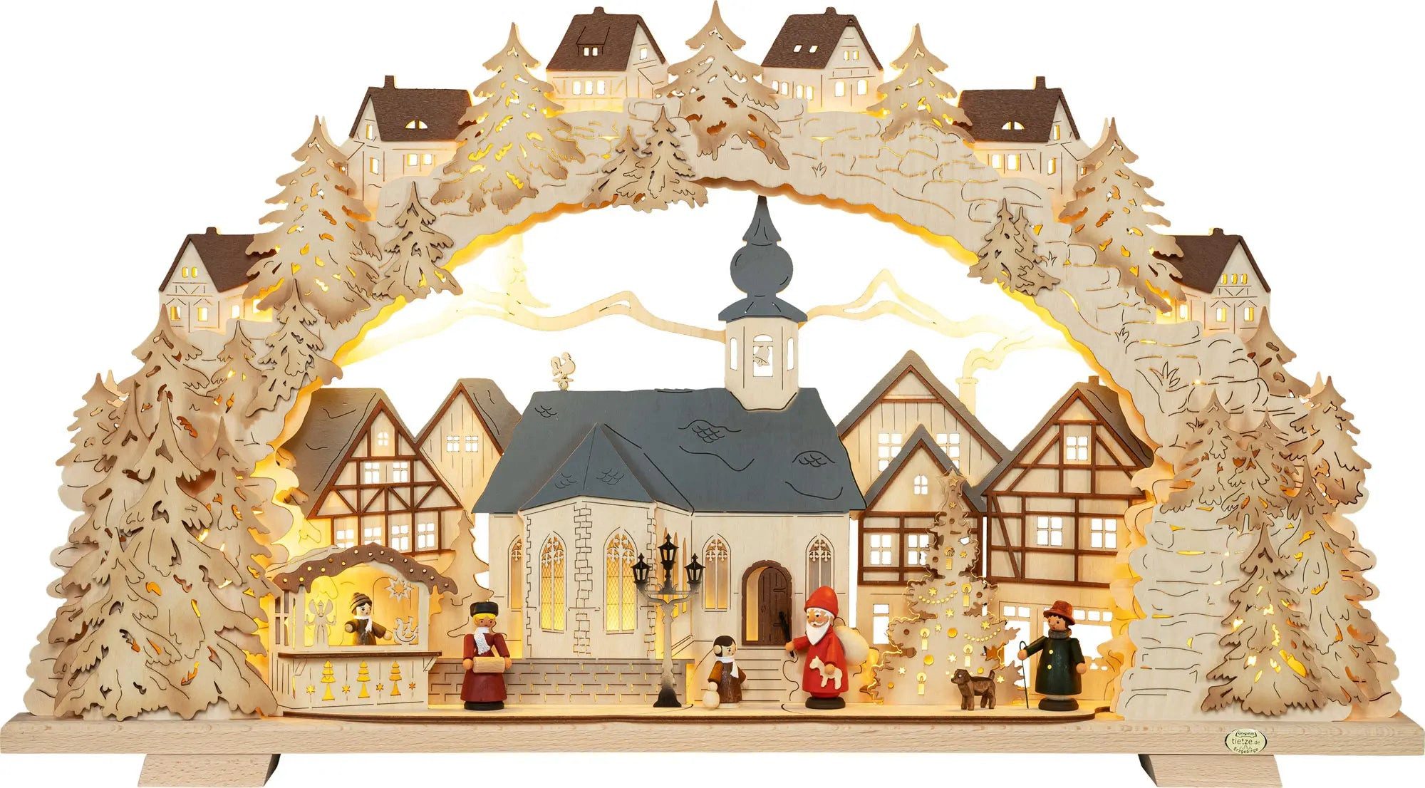 Tietze Erzgebirgsdesign LED Schwibbogen Advent farbige Figuren beleuchtete Kirche, 70x39x7,5 cm (BxHxT)