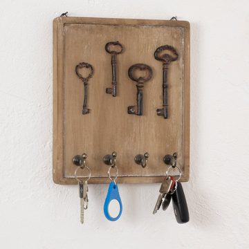 Moritz Schlüsselbrett 22x25cm Antike Schlüssel 4 Haken braun, Schlüsselkasten Vintage Schlüsselbox Schlüsselleiste Schlüsselhaken