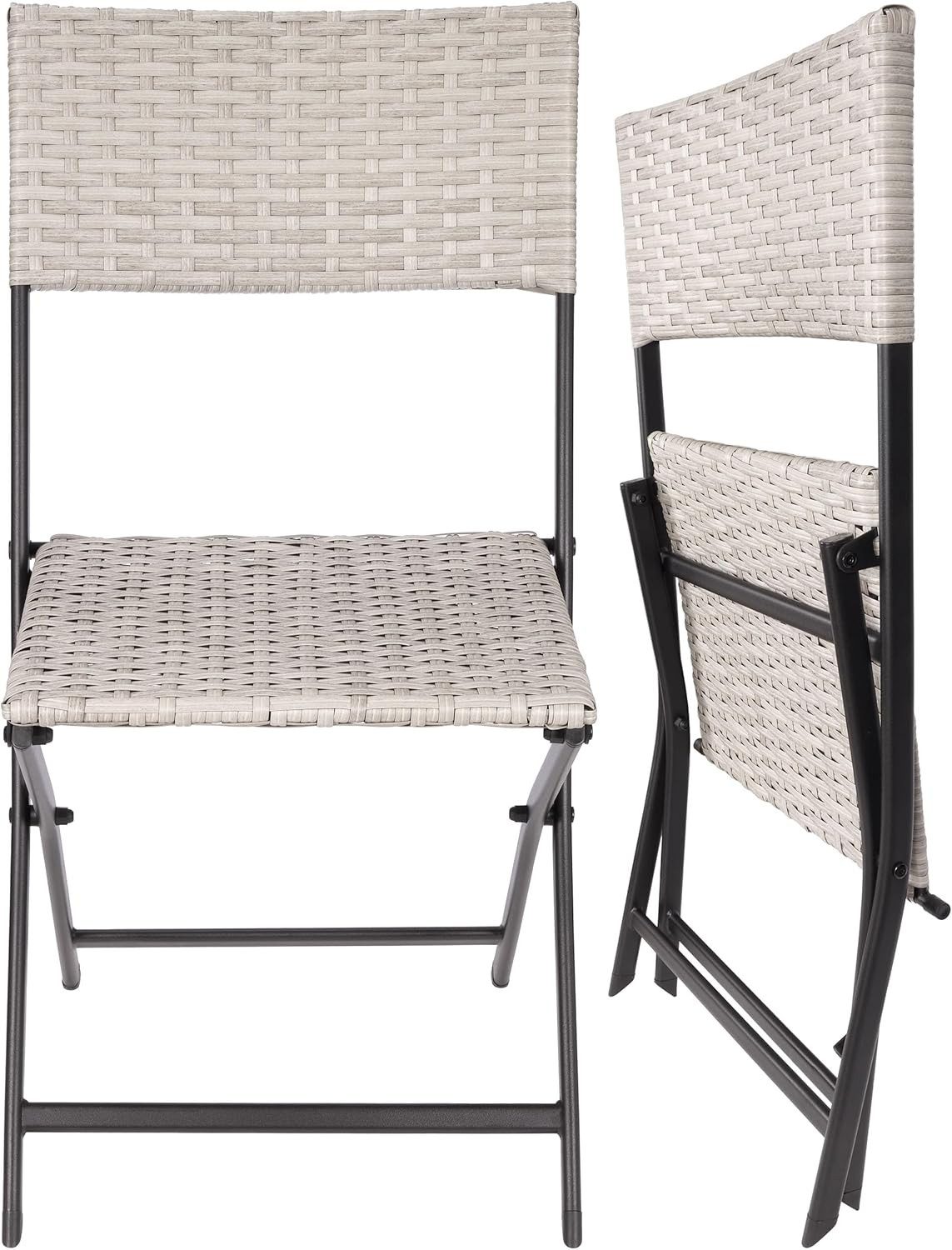 BRUBAKER Balkonset Lugano mit Tisch und Stühlen - Wetterfest klappbar und platzsparend, (Grau/Beige, 1-tlg., Bistroset mit Klappstühlen), Polyrattan Balkonmöbel – Bild 4 von 5