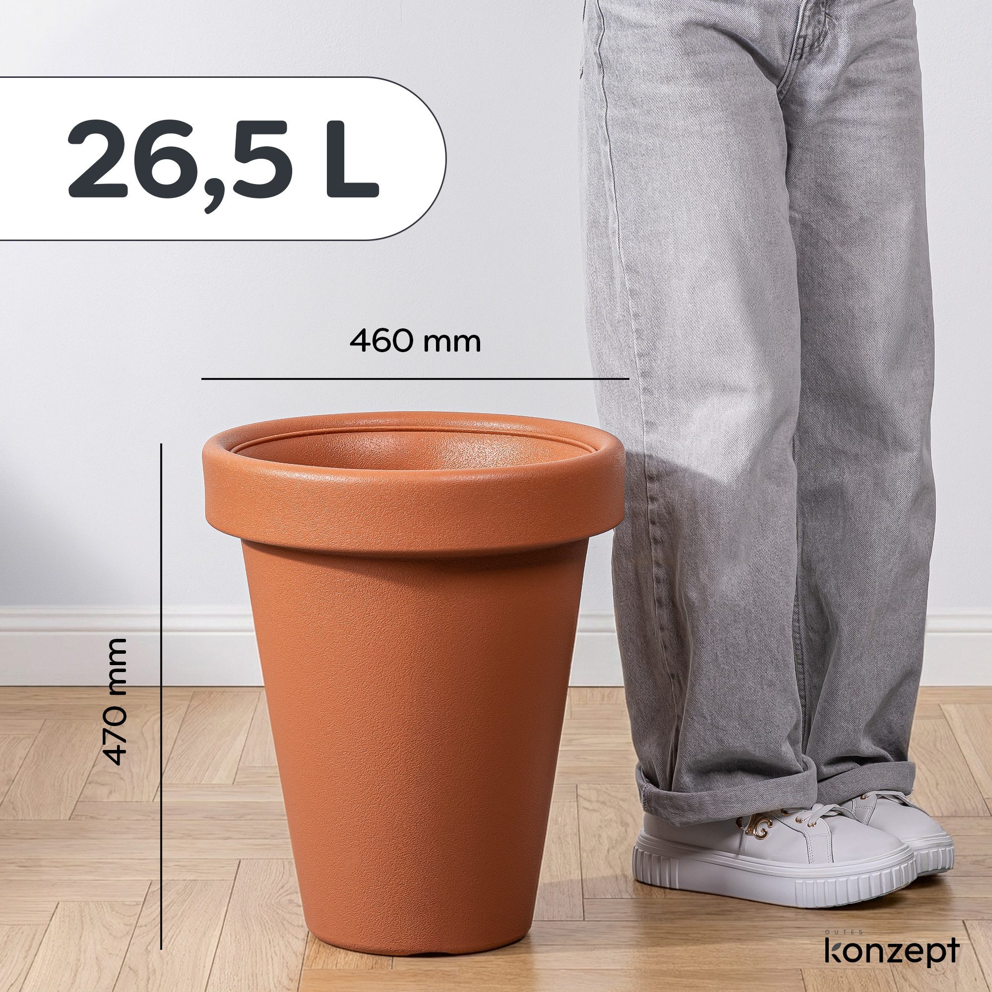 KONZEPT Übertopf 39 cm Durchmesser, H 46 cm, 26,5 L, aus Kunststoff in Stein-Optik, Stein-Optik, Konische Form, Geprägter Rand, 26,5 L