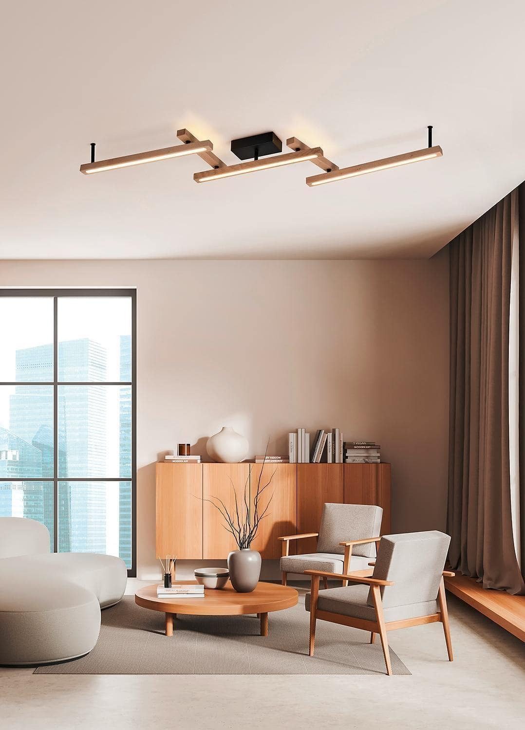 TRIO Leuchten LED Deckenleuchte BELLARI, 1-flammig, Braun, Schwarz, Massivholz, Dimmfunktion, Memoryfunktion, LED fest integriert, Extra-Warmweiß, Neutralweiß, Tageslichtweiß, Metall, Dimmbar, mit Fernbedienung