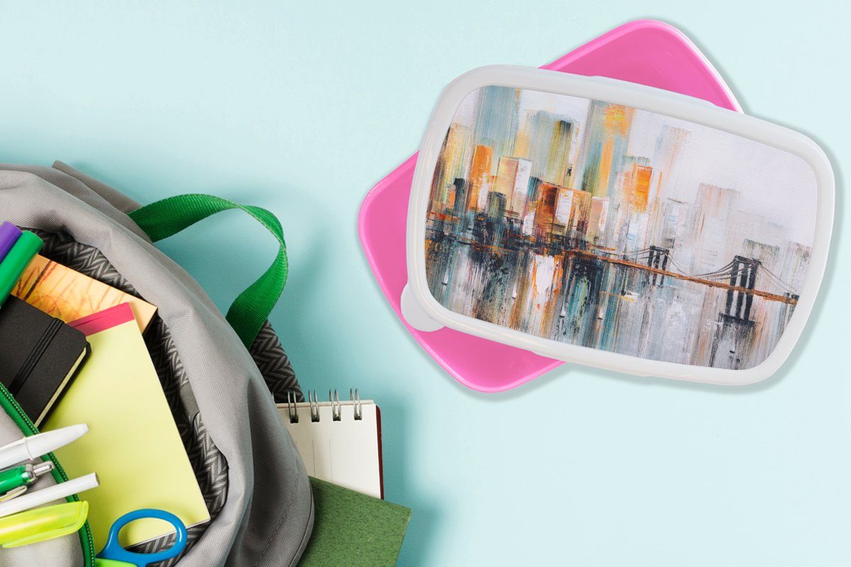 MuchoWow Lunchbox Ölgemälde - Skyline rosa Erwachsene, Brotbox Brotdose - (2-tlg), Kunststoff für Mädchen, Snackbox, Abstrakt, Kinder, Kunststoff