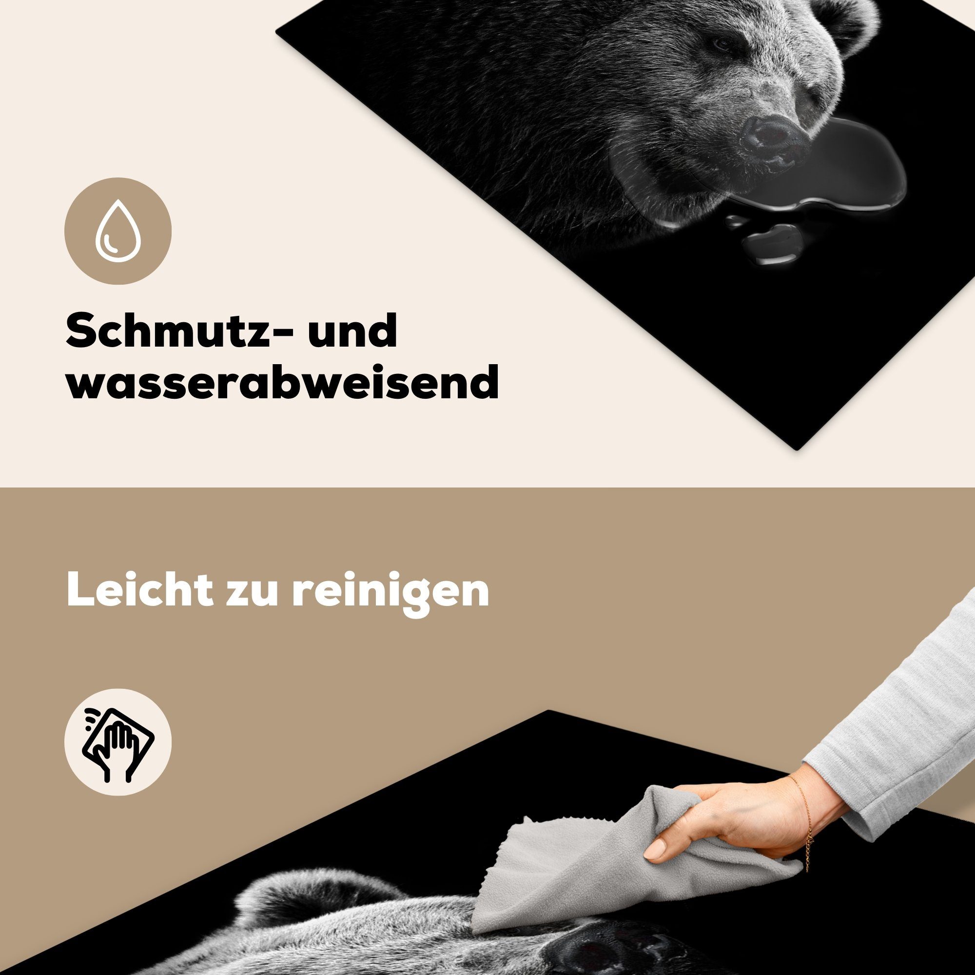 in Herdblende-/Abdeckplatte die für Hintergrund Ceranfeldabdeckung schwarzem Induktionskochfeld und tlg), auf MuchoWow weiß, Vinyl, 81x52 schwarz Kamtschatka-Bär cm, (1 küche, Schutz