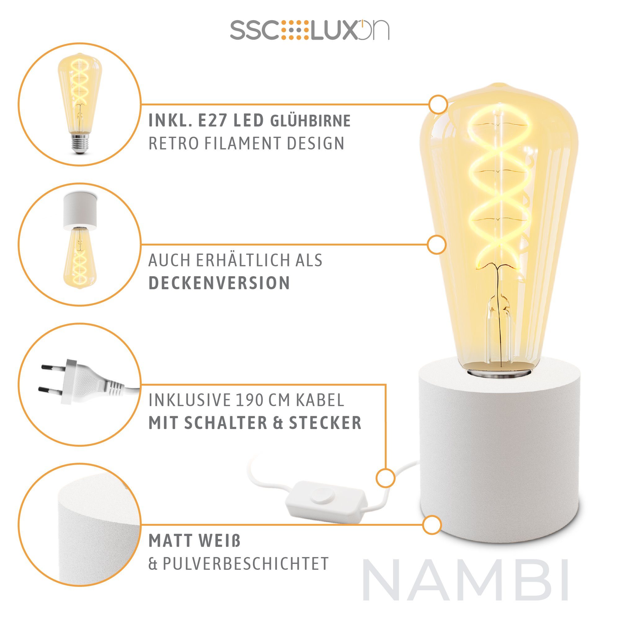 LED mit Tischleuchte Edison weiss Stecker E27, NAMBI & Kabel Wand- LED & Warmweiß Bilderleuchte SSC-LUXon