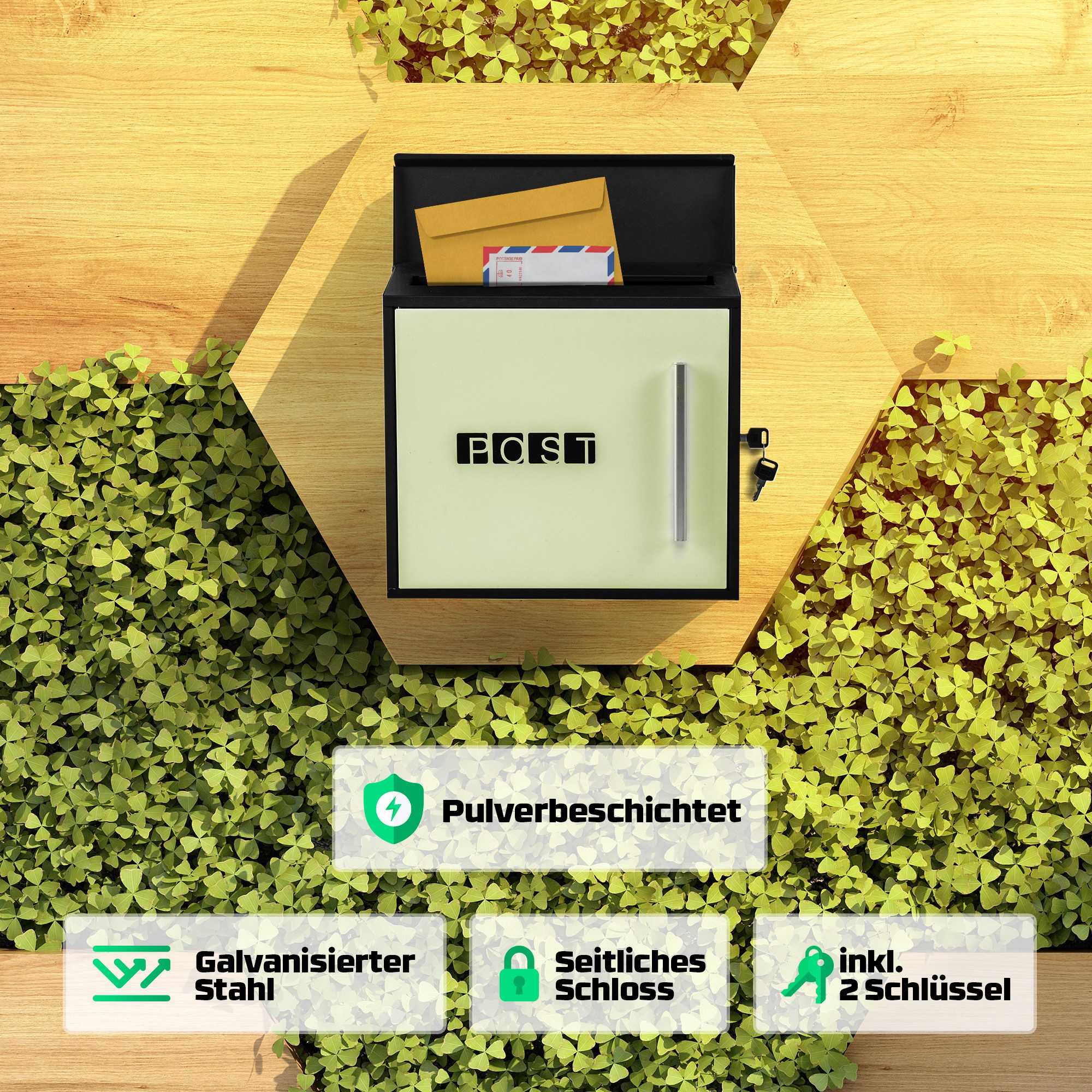 Arebos Briefkasten moderner Design Wandbriefkasten, Postkasten, inkl. Zeitungsfach, galvanisierter Stahl / Edelstahl, inkl. 2 Schlüssel
