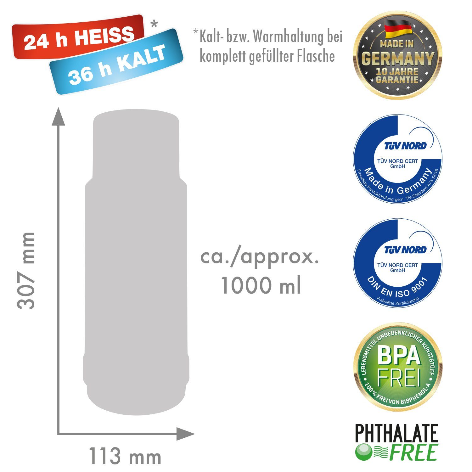 ROTPUNKT Thermoflasche Isolierflasche 1,0 ltr. I auslaufsicher I Glaseinsatz I BPA-Frei, 24 Std heiß 36 Std kalt I 40 polar/cardinal