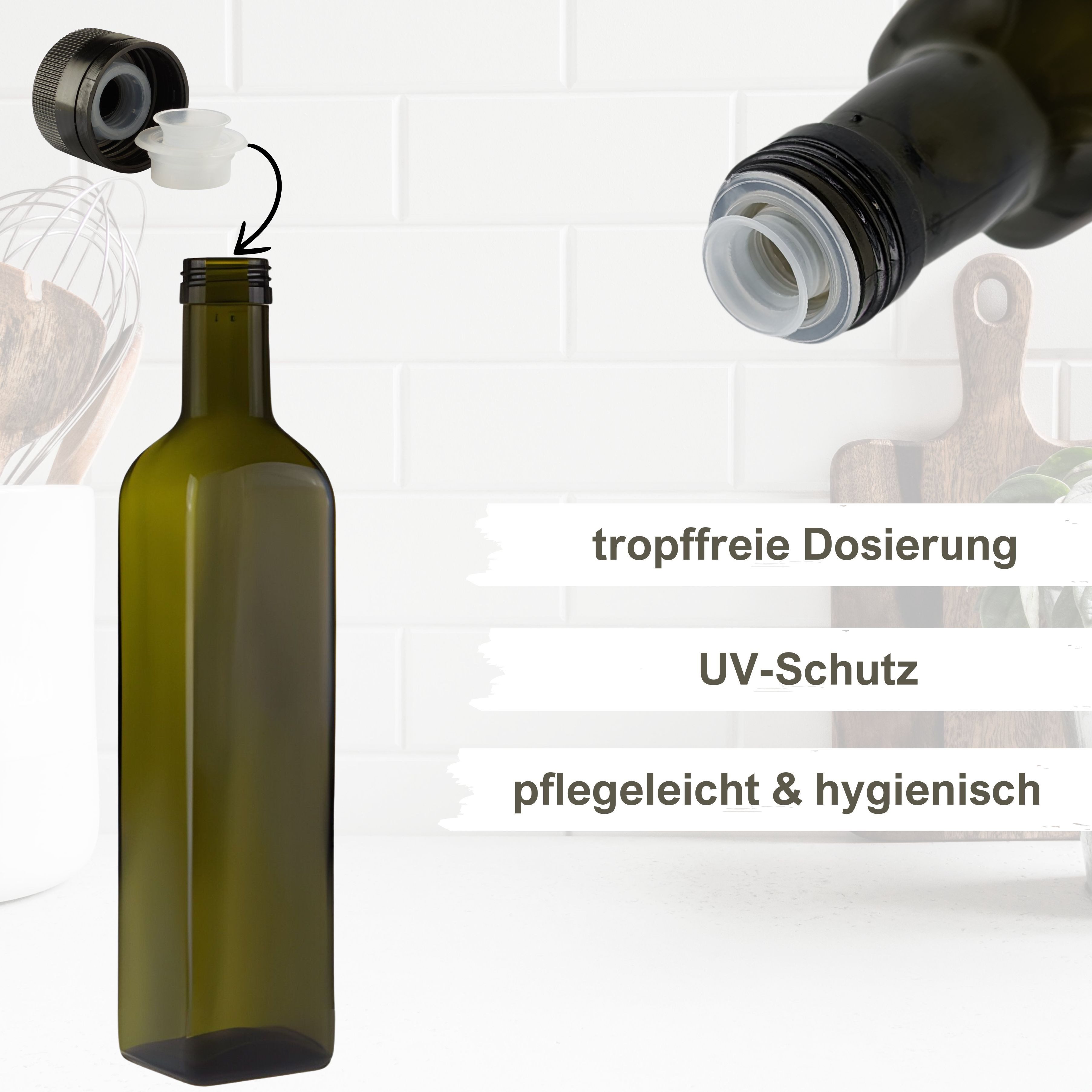 mikken Ölspender 6er Set Ölflaschen 500 ml mit Ausgießer braune / grüne Dosierflasche, (6-tlg), inkl. 6 Beschriftungsetiketten – Bild 2 von 3