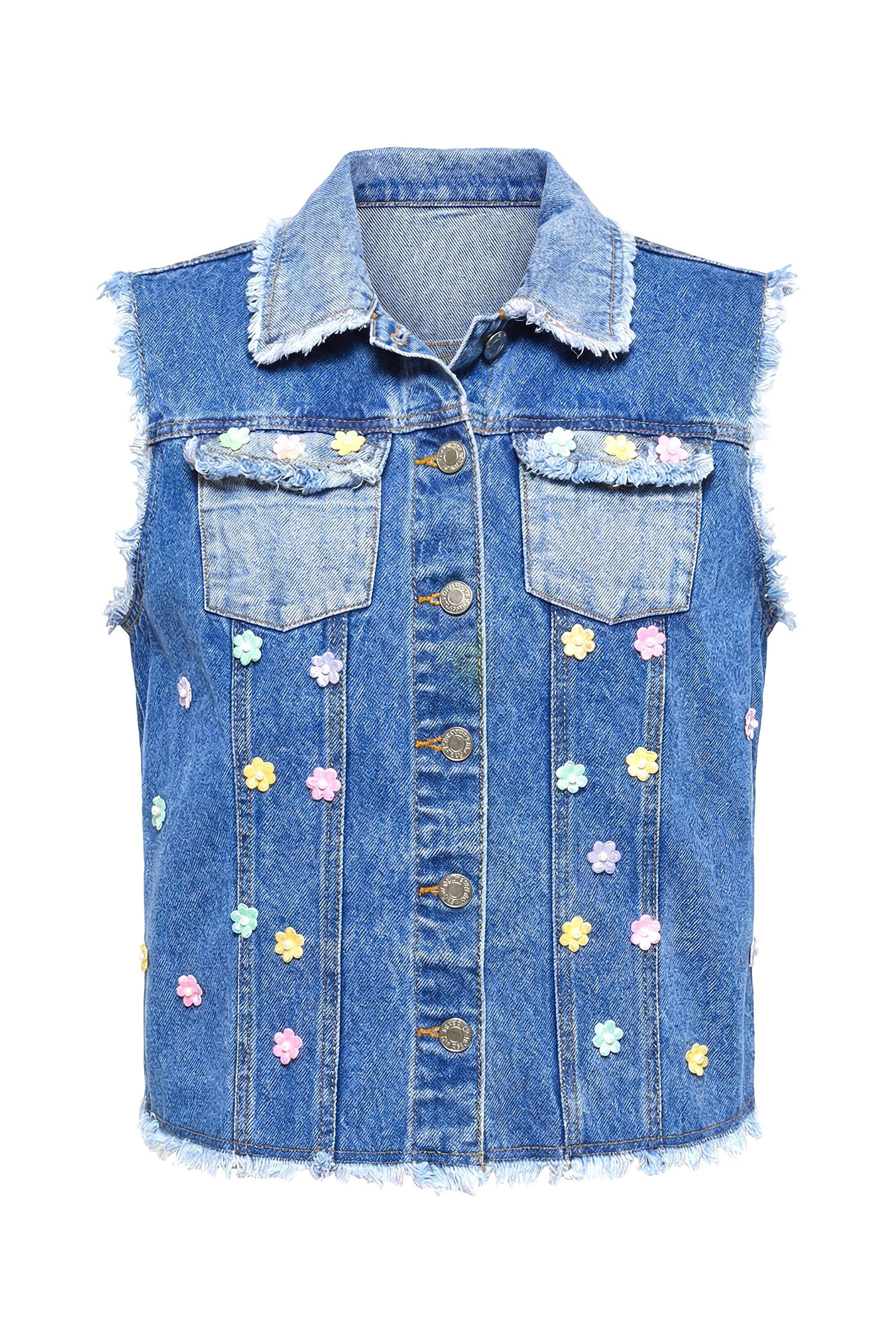 MIAMODA Steppweste Jeans-Weste Loose Fit Blüten-Applikationen