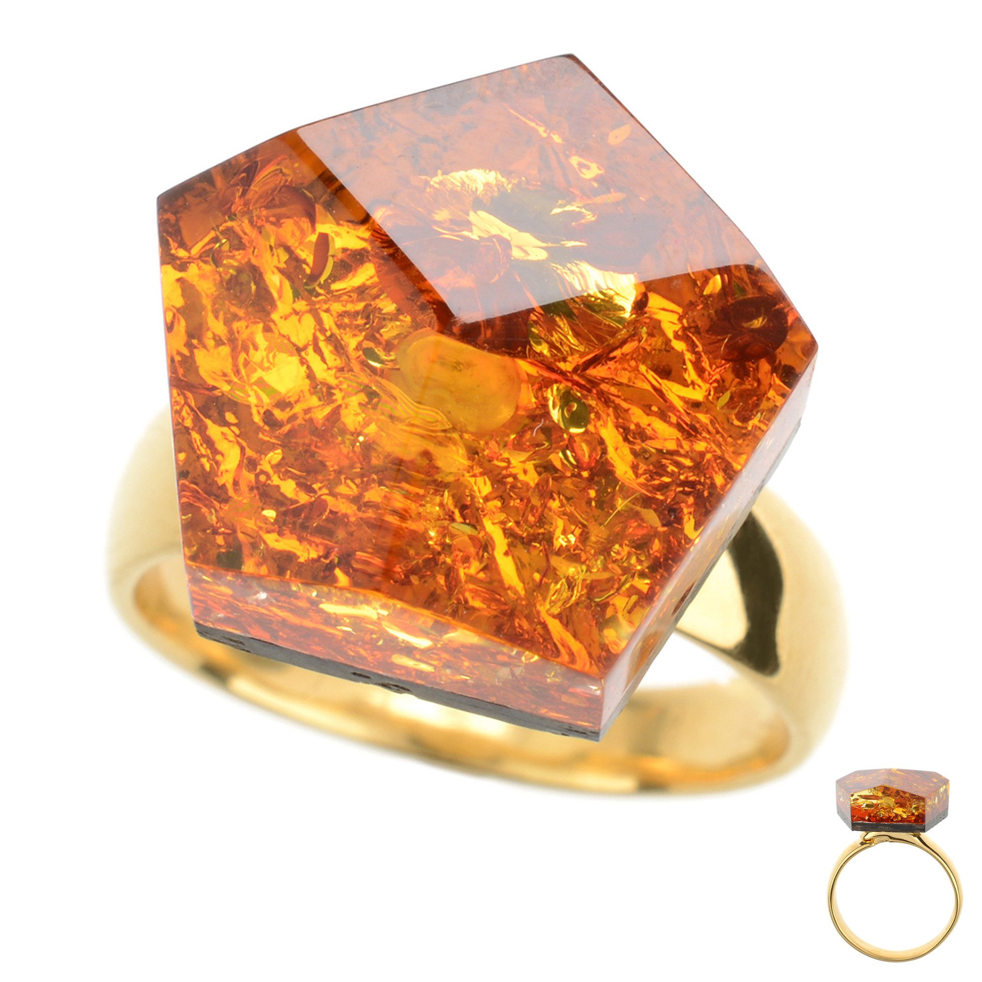 Cavill Solitärring Bernsteinring 8,0 ct Cognac Mosaik, 925er vergoldetes Silber, modern (1-tlg)