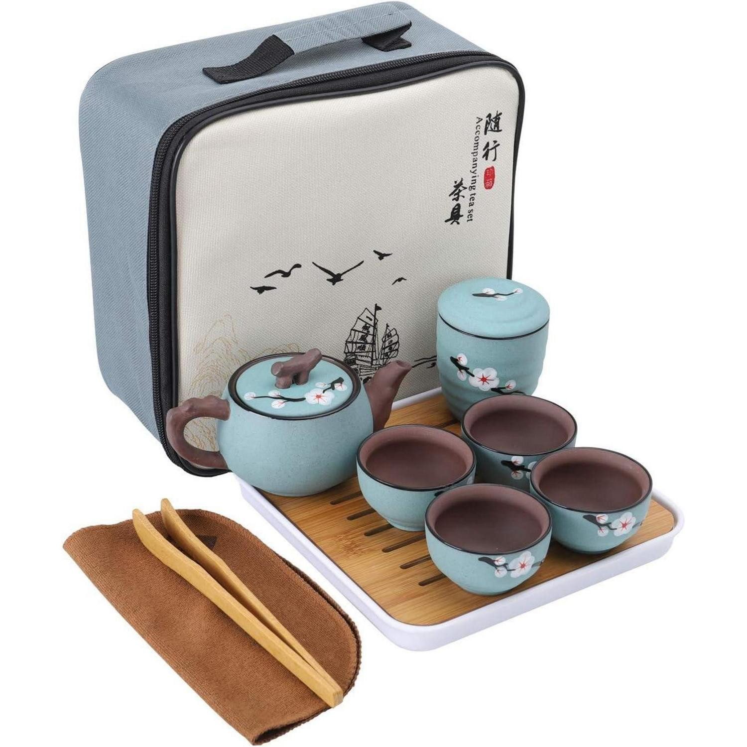 fanquare Teeservice Japanisches Tragbares Kung Fu Tee Set Kirschblüte Zisha Teeservice für