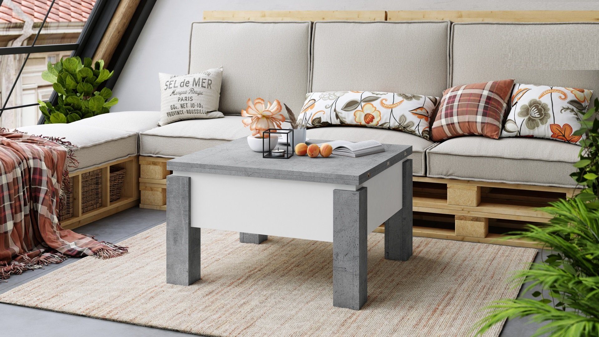 Couchtisch designimpex Design aufklappbar / Esstisch Weiß matt Tisch höhenverstellbar Beton Couchtisch Oslo